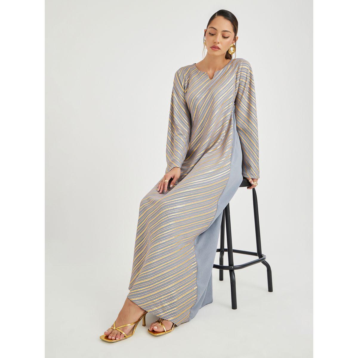 Styli Foil Print Notch Neck Jalabiya-women-arabicclothing-jalabiyas-image-1