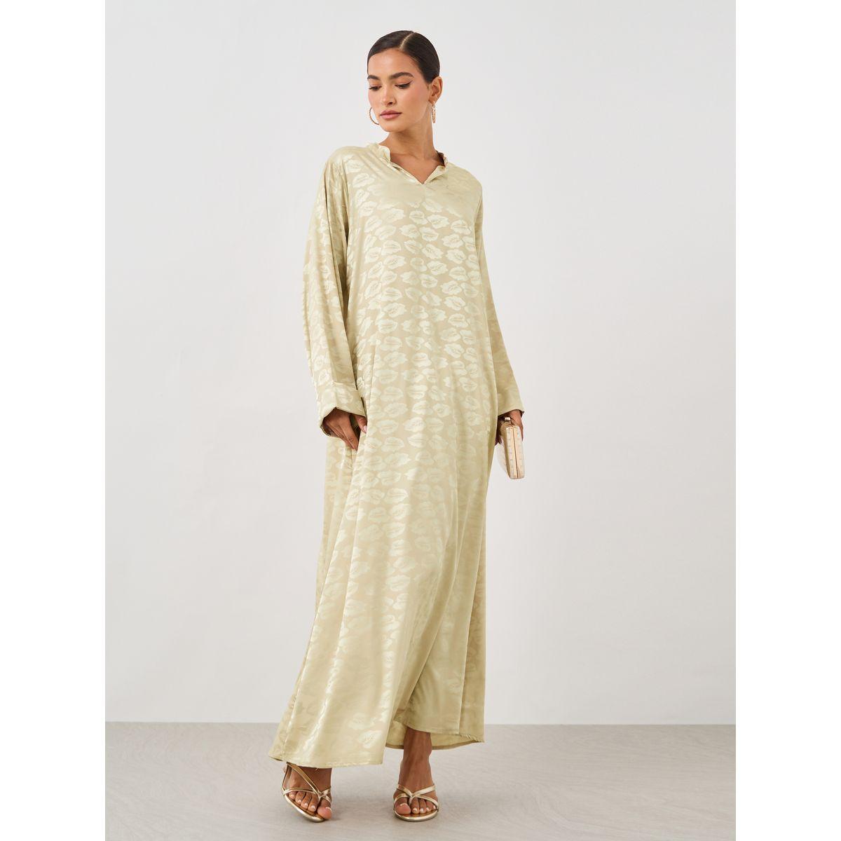 أميرة x ستايلي جلابية ساتان بتفاصيل جاكار وياقة قائمة-women-arabicclothing-jalabiyas-image-1