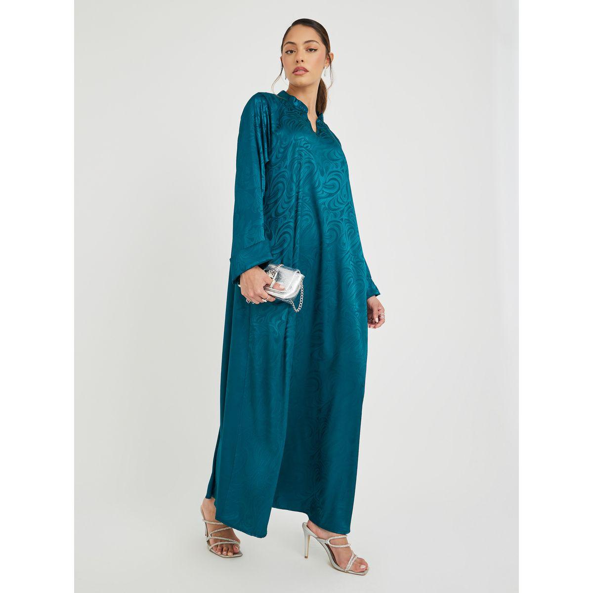 Styli Satin Jacquard Collared Jalabiya with Folded Cuffs-women-arabicclothing-jalabiyas-image-1