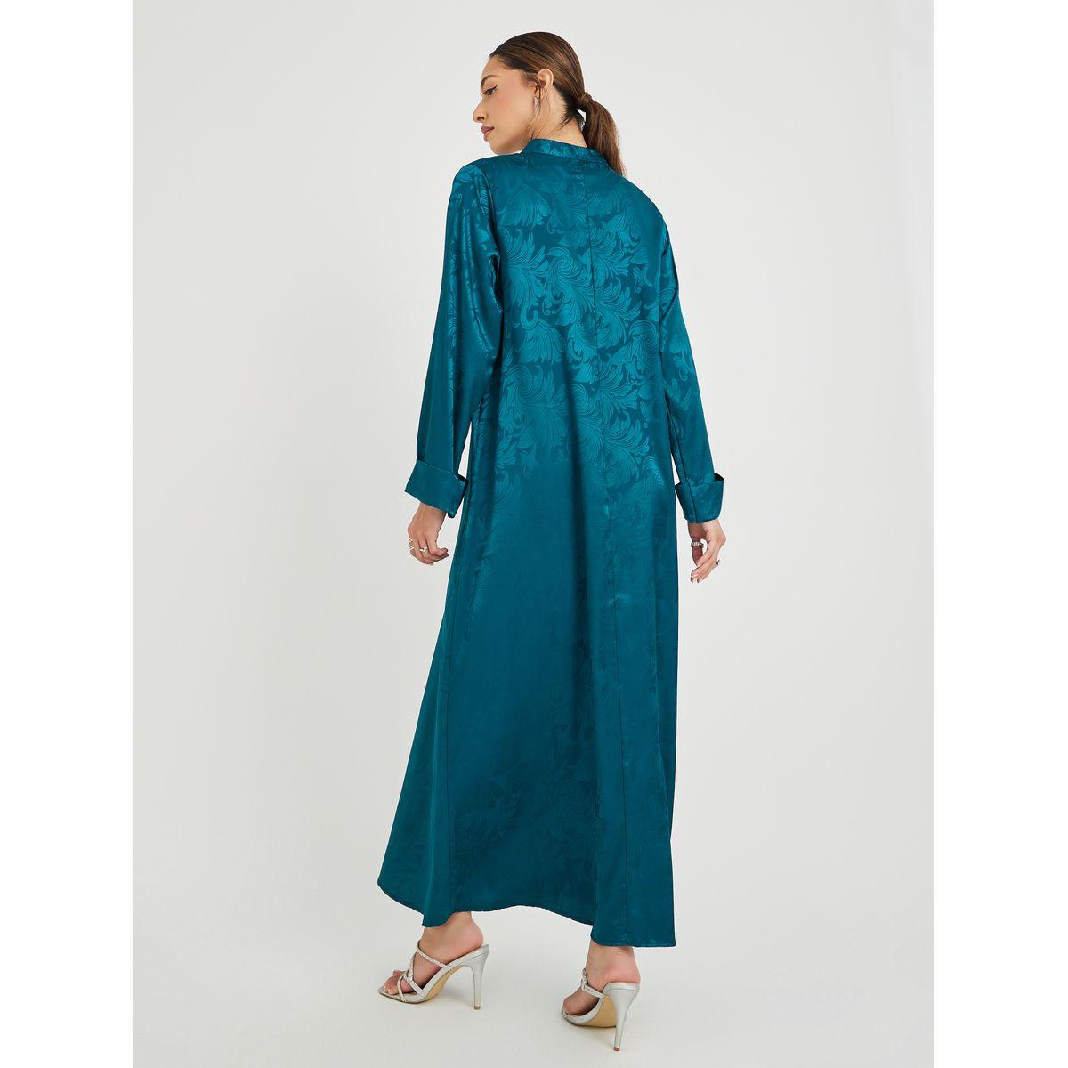 Styli Satin Jacquard Collared Jalabiya with Folded Cuffs-women-arabicclothing-jalabiyas-image-4