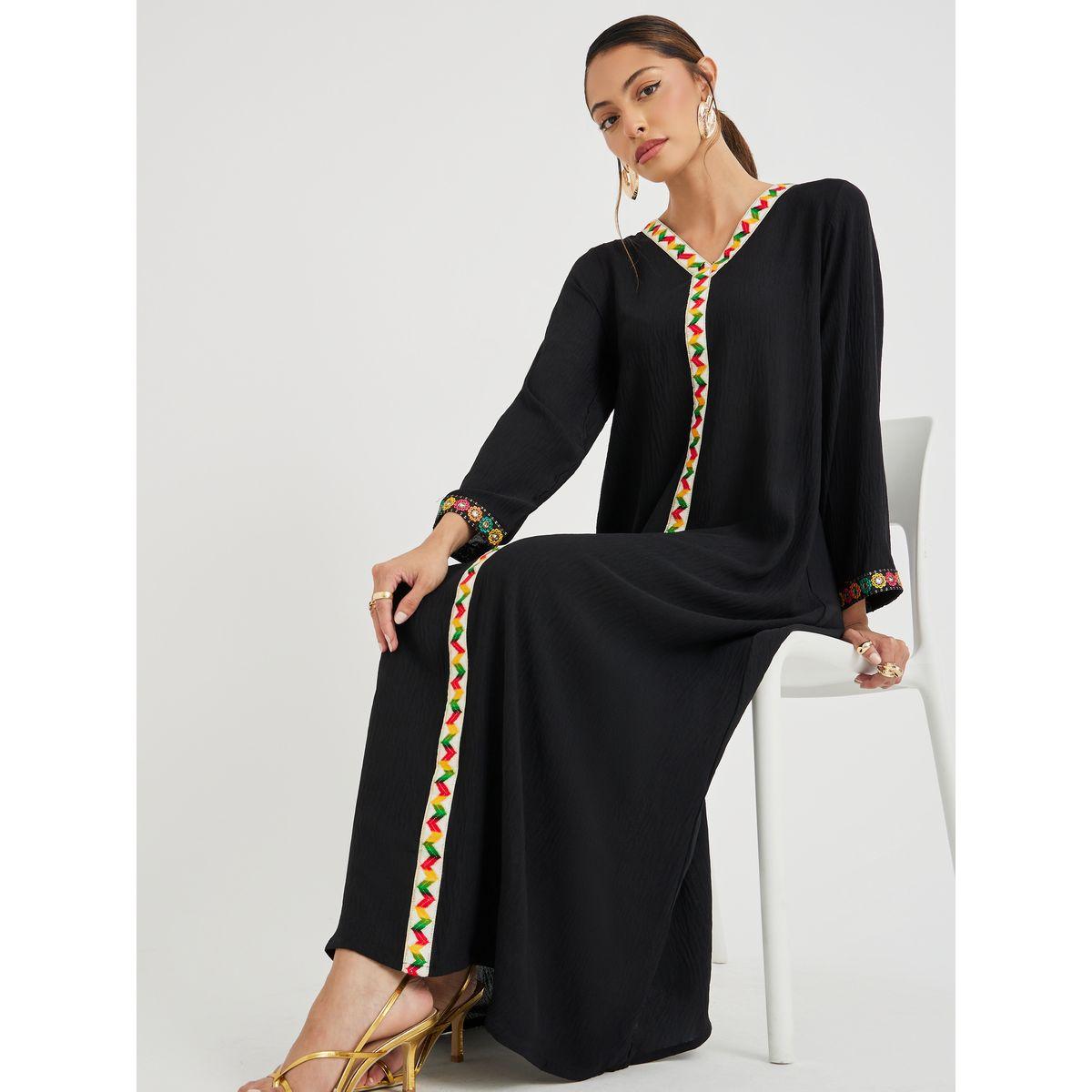 Styli Mirror Work Lace Trim V Neck Jalabiya-women-arabicclothing-jalabiyas-image-1