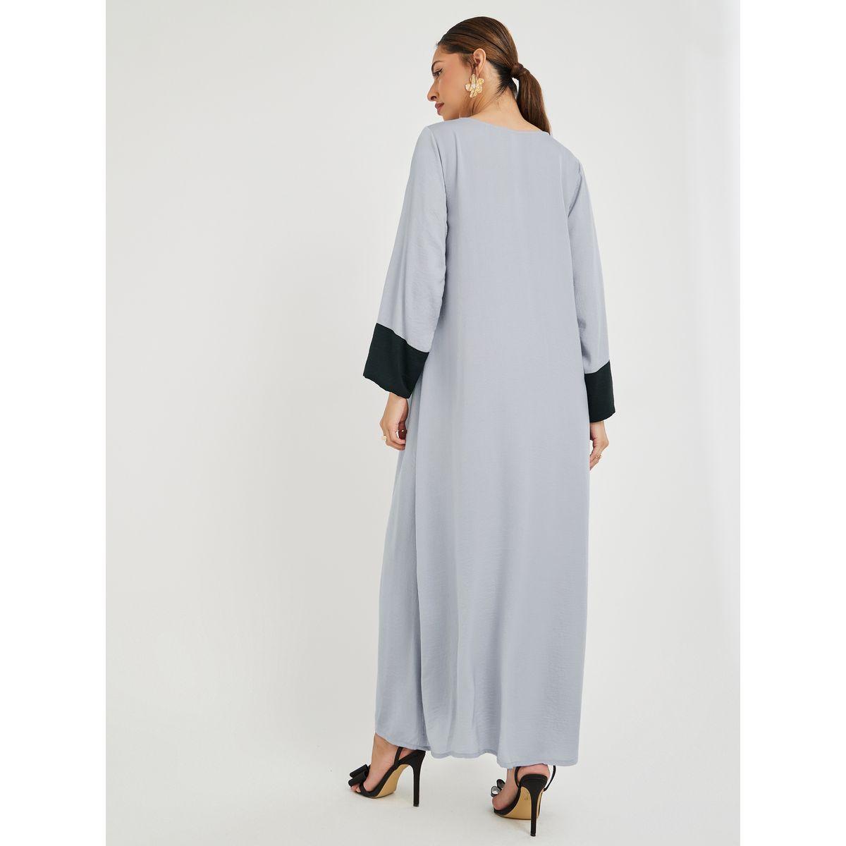 Styli Color Block V Neck Jalabiya with Lace Trim-women-arabicclothing-jalabiyas-image-4
