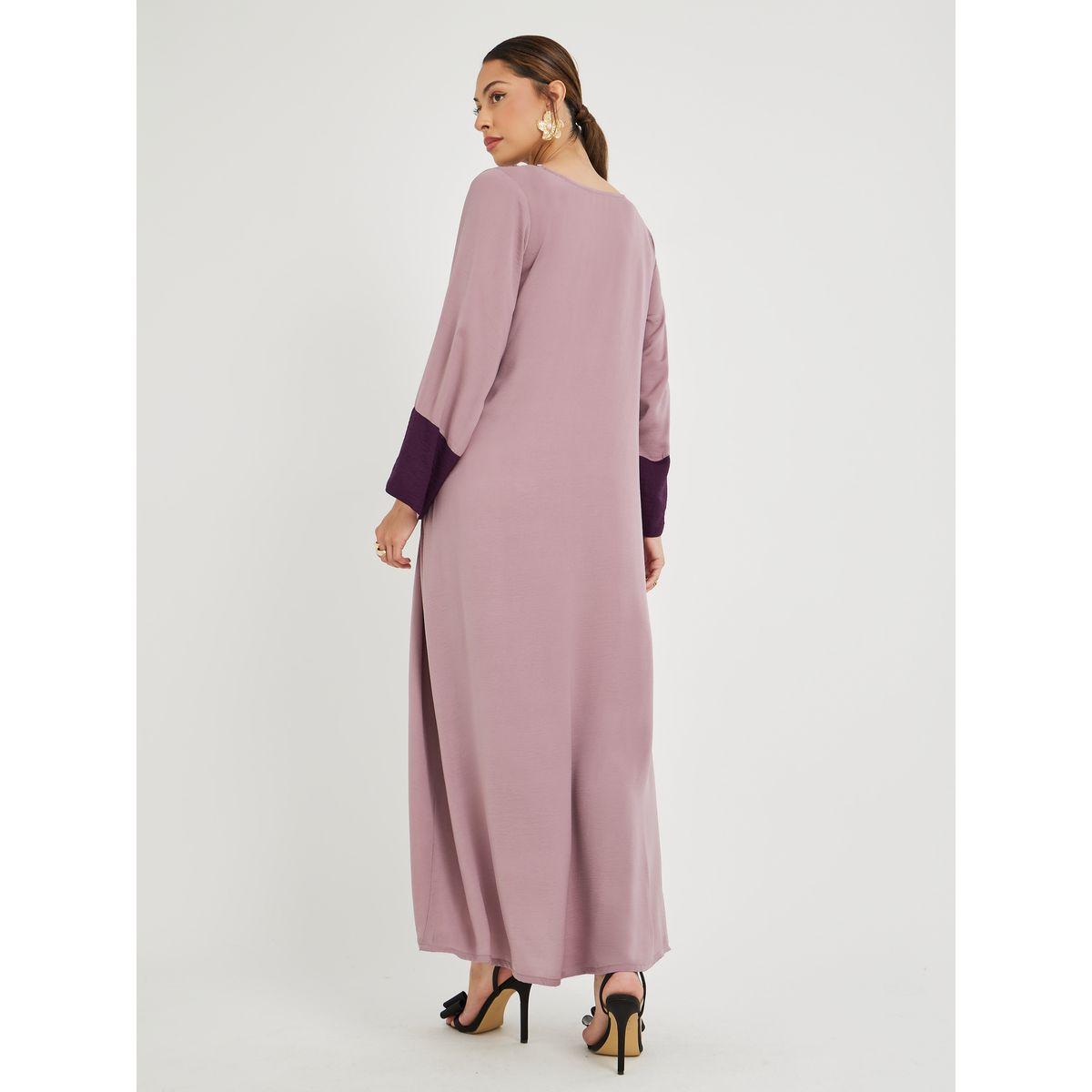 Styli Color Block V Neck Jalabiya with Lace Trim-women-arabicclothing-jalabiyas-image-4