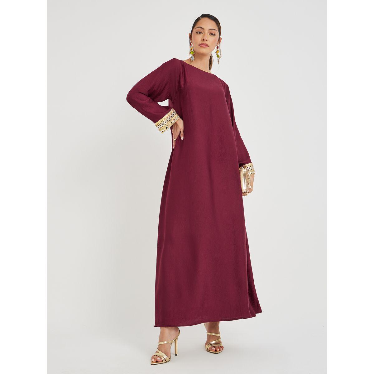جلابية بحافة واسعة وياقة بنمط قارب-women-arabicclothing-jalabiyas-image-1