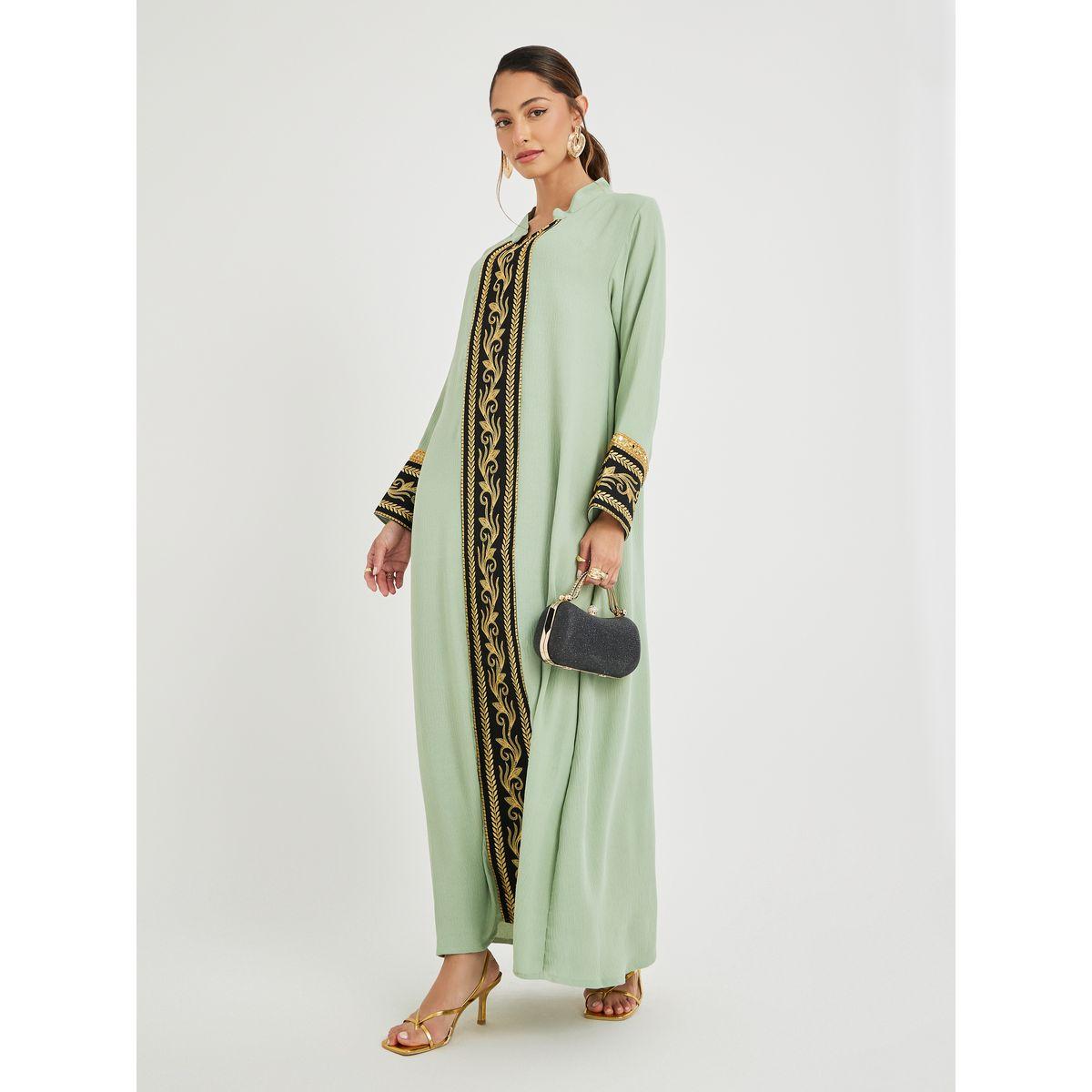 Styli Crinkled Collared Jalabiya with Lace Panel-women-arabicclothing-jalabiyas-image-1