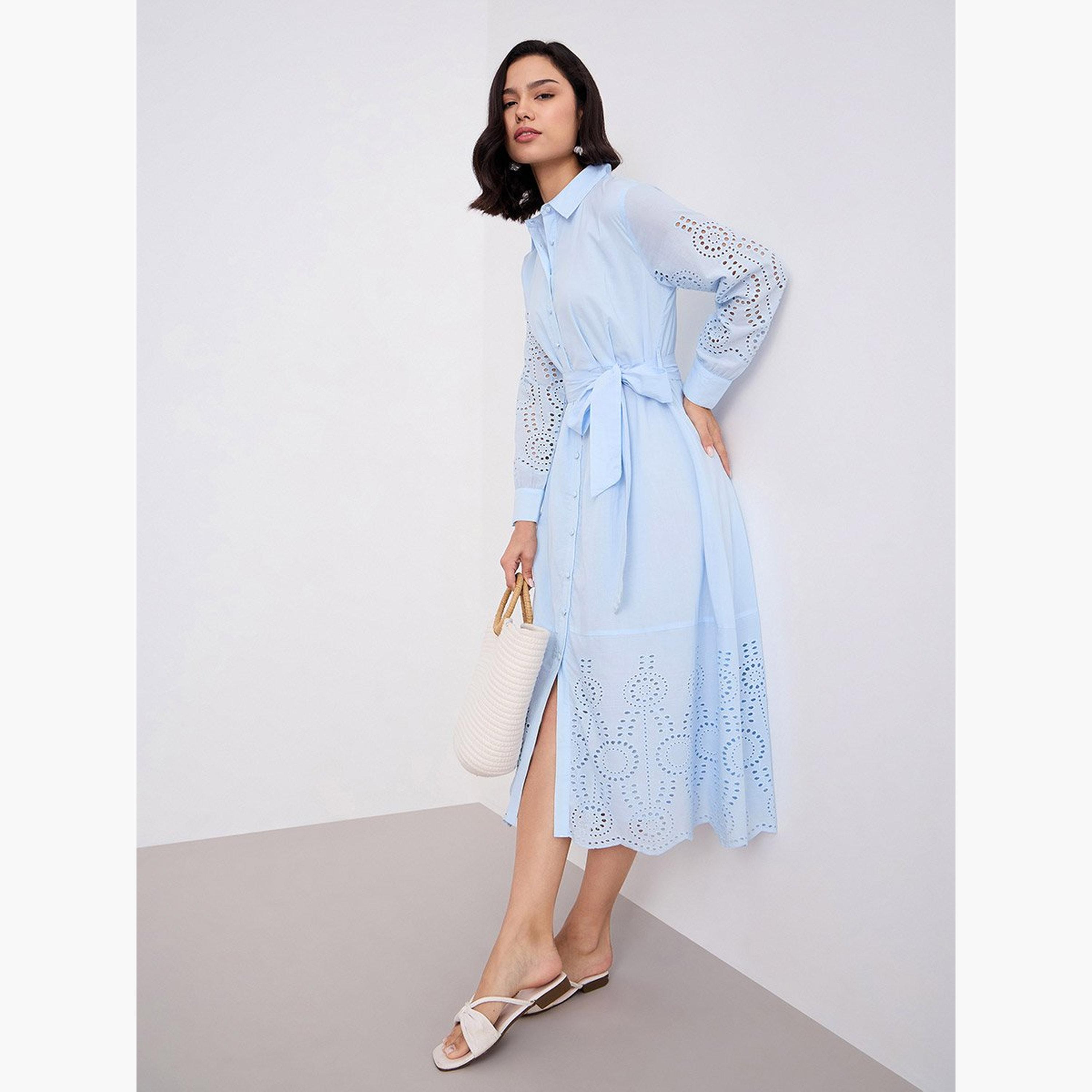 ستايلي - فستان شيفلي متوسط ​​الطول بقميص أزرق فاتح-women-clothing-dresses-image-1