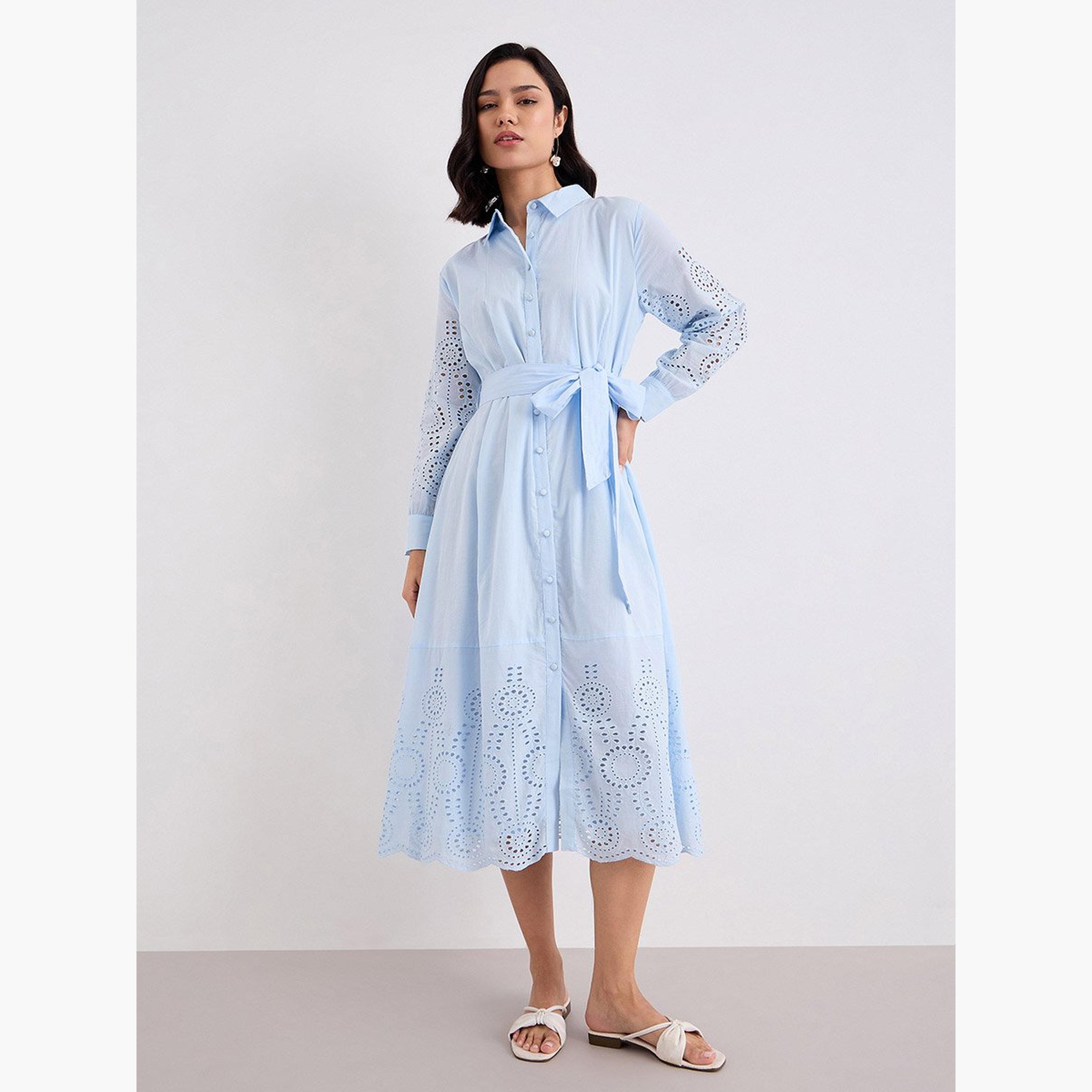 ستايلي - فستان شيفلي متوسط ​​الطول بقميص أزرق فاتح-women-clothing-dresses-image-2