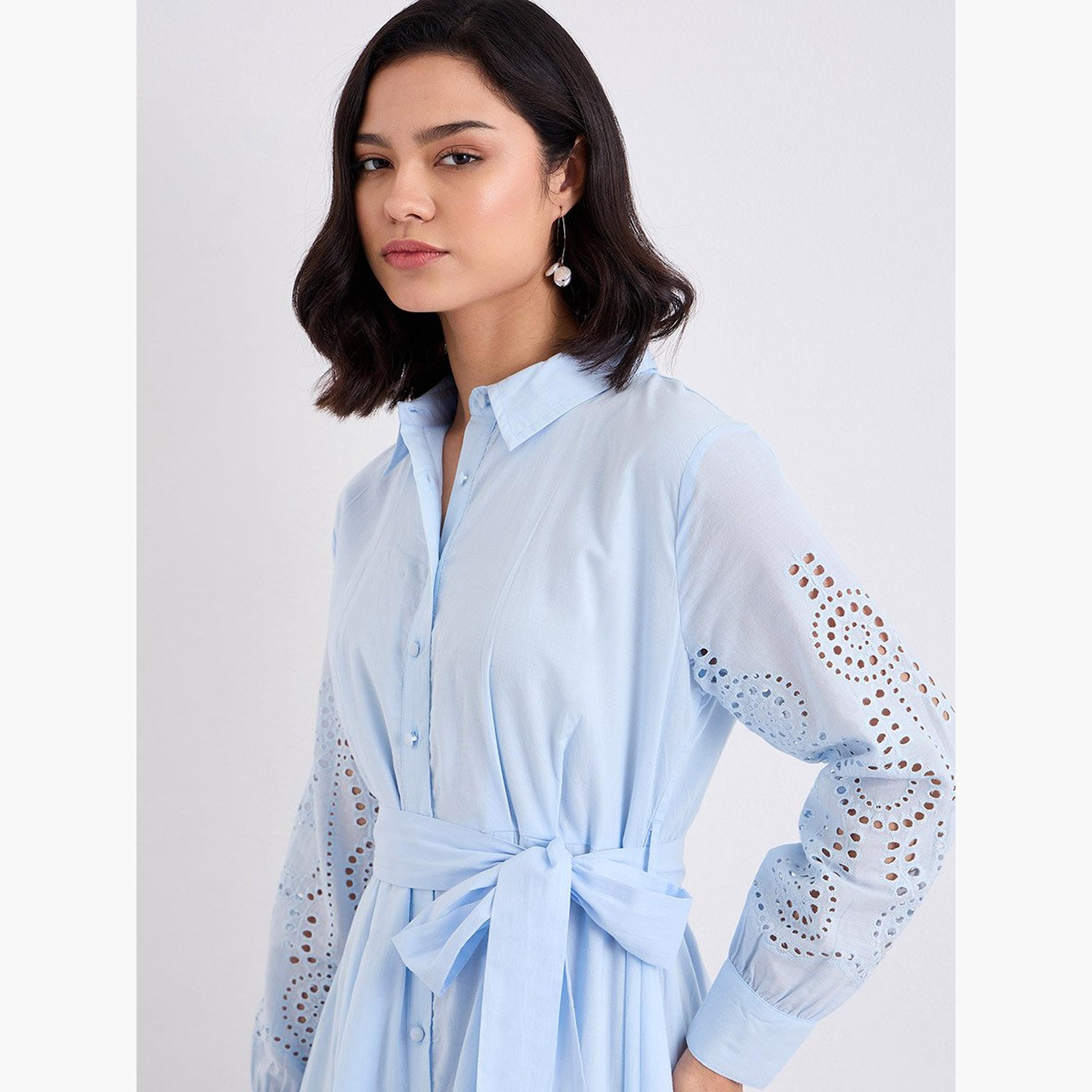 ستايلي - فستان شيفلي متوسط ​​الطول بقميص أزرق فاتح-women-clothing-dresses-image-3