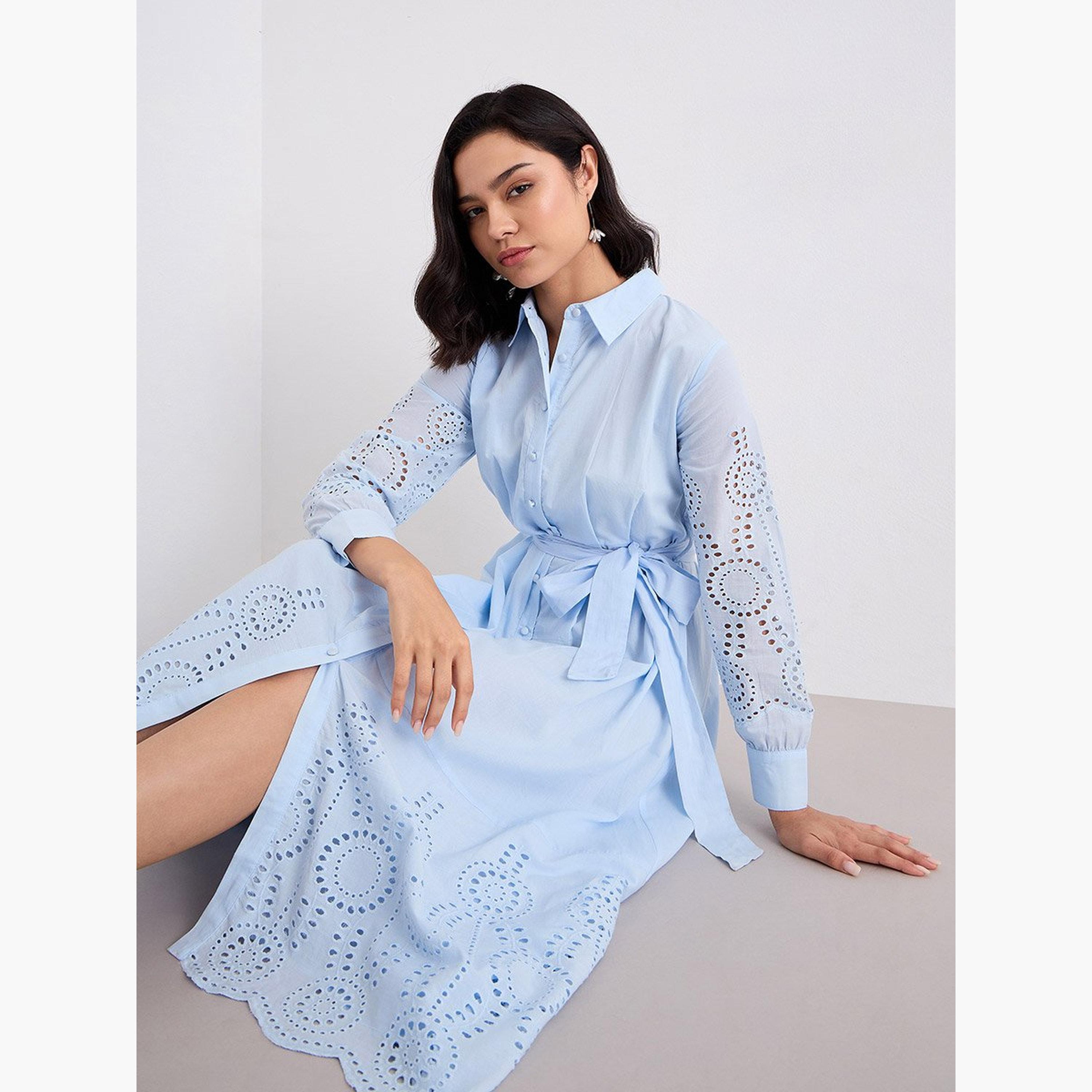 ستايلي - فستان شيفلي متوسط ​​الطول بقميص أزرق فاتح-women-clothing-dresses-image-5