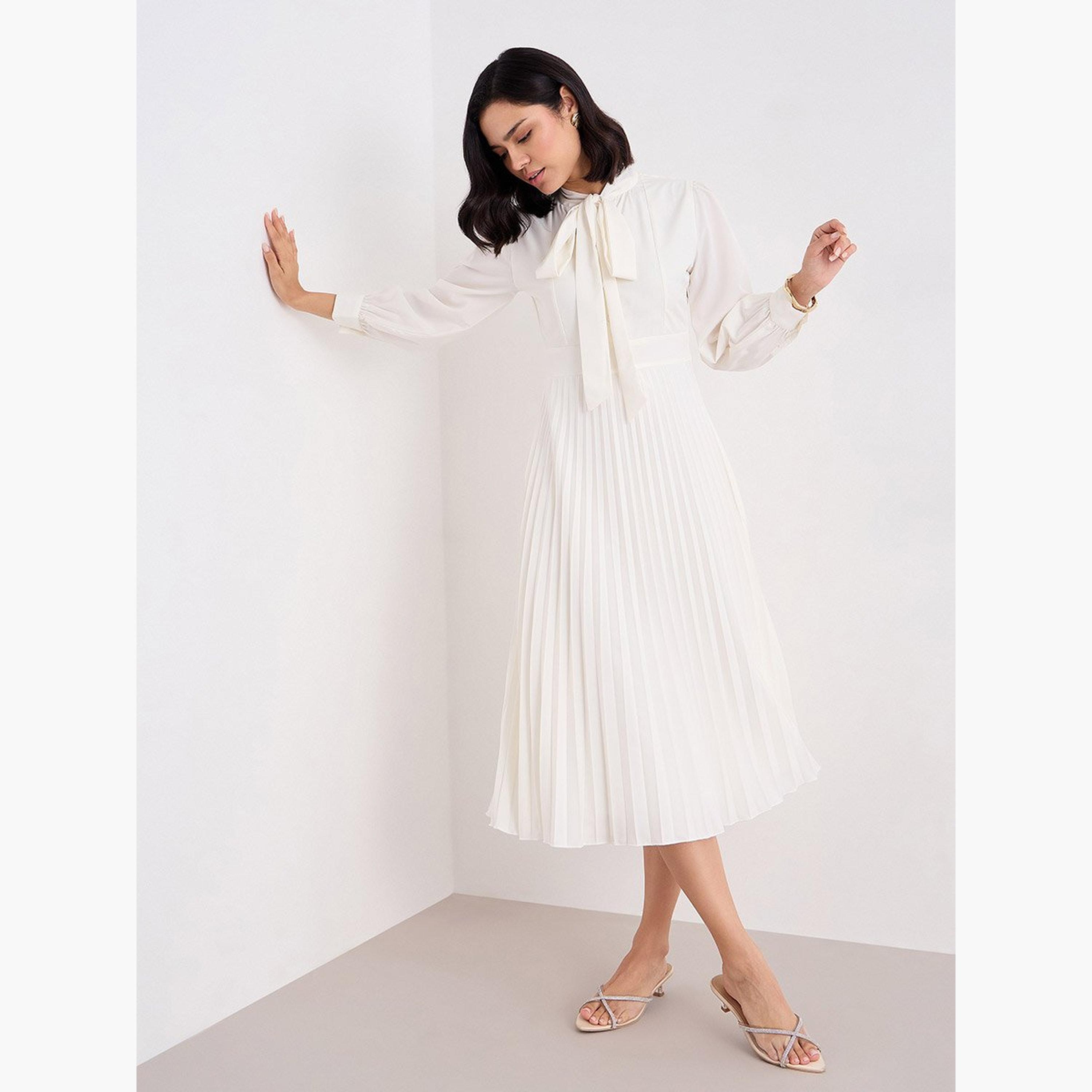 Styli Cream Pleated Midi Dress with Tie-Up Neck-women-clothing-dresses-image-1
