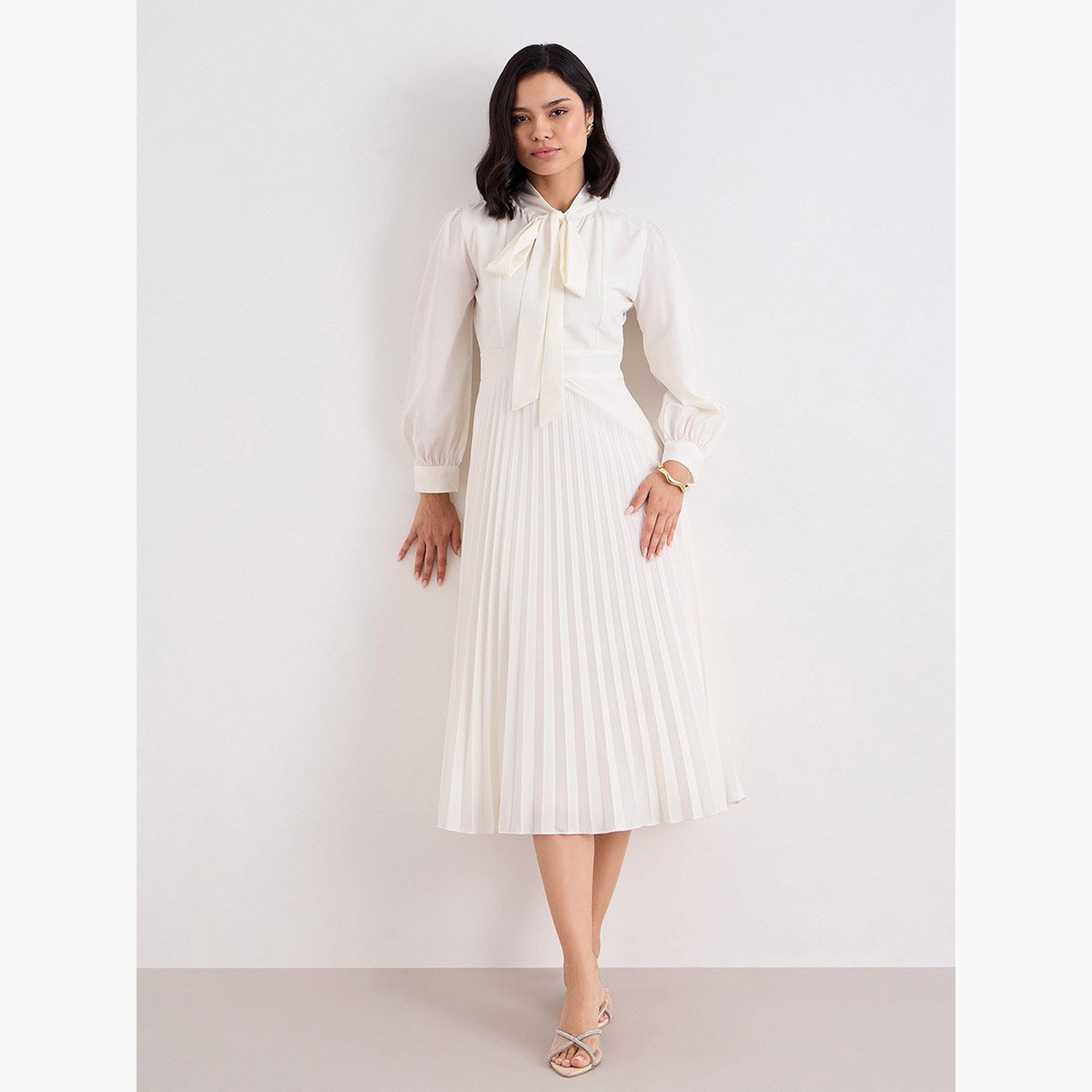 Styli Cream Pleated Midi Dress with Tie-Up Neck-women-clothing-dresses-image-2