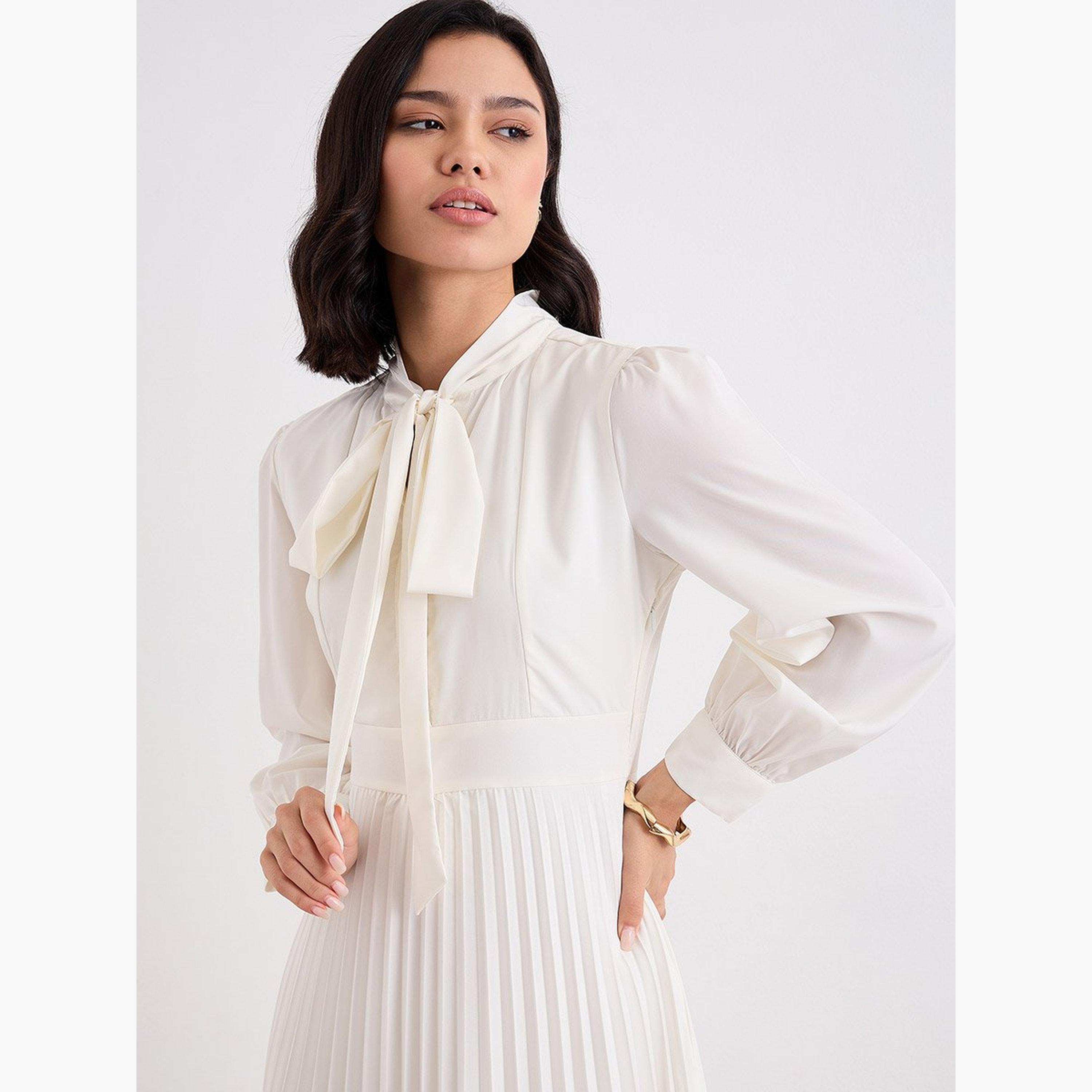 Styli Cream Pleated Midi Dress with Tie-Up Neck-women-clothing-dresses-image-3