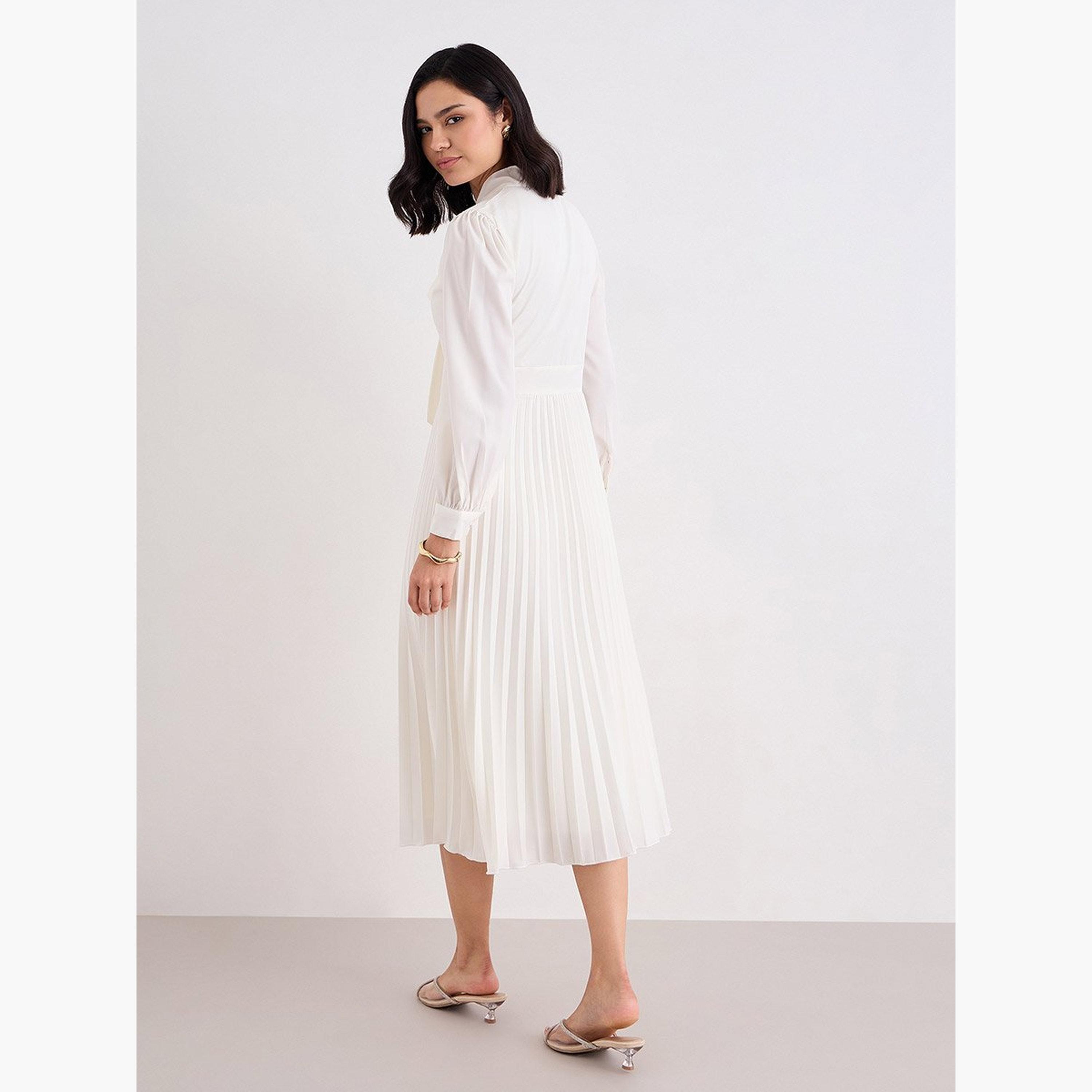 Styli Cream Pleated Midi Dress with Tie-Up Neck-women-clothing-dresses-image-4
