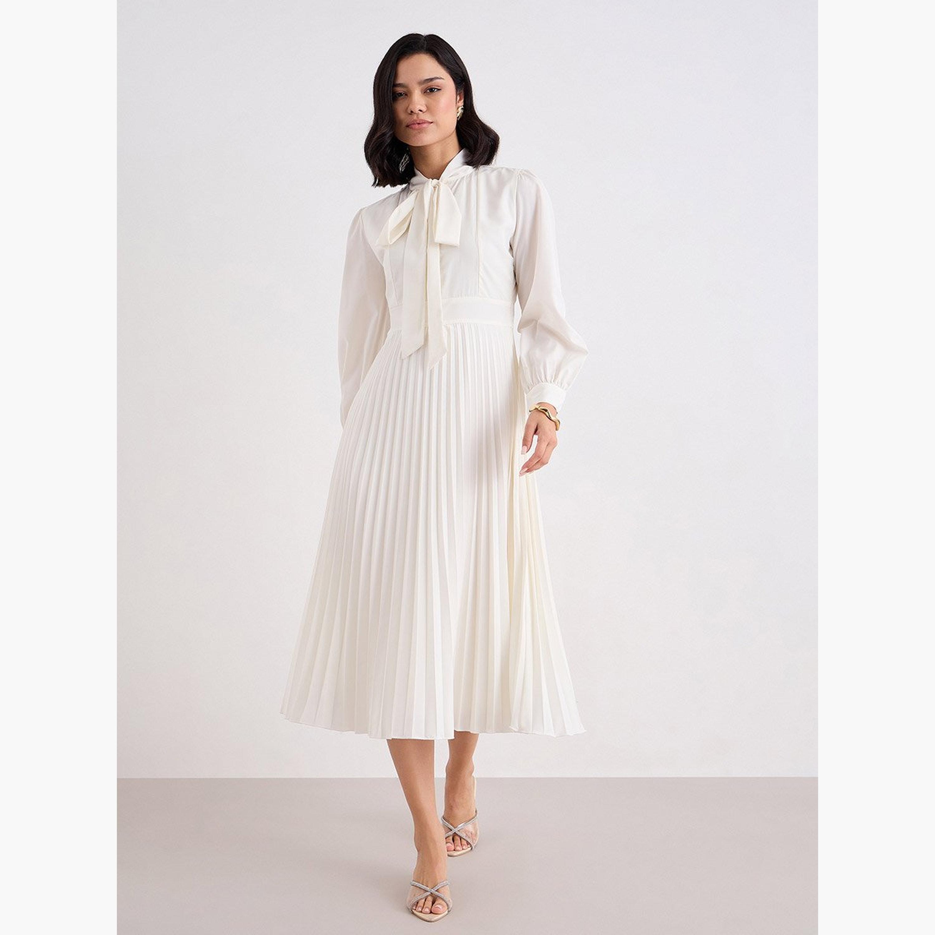 Styli Cream Pleated Midi Dress with Tie-Up Neck-women-clothing-dresses-image-5