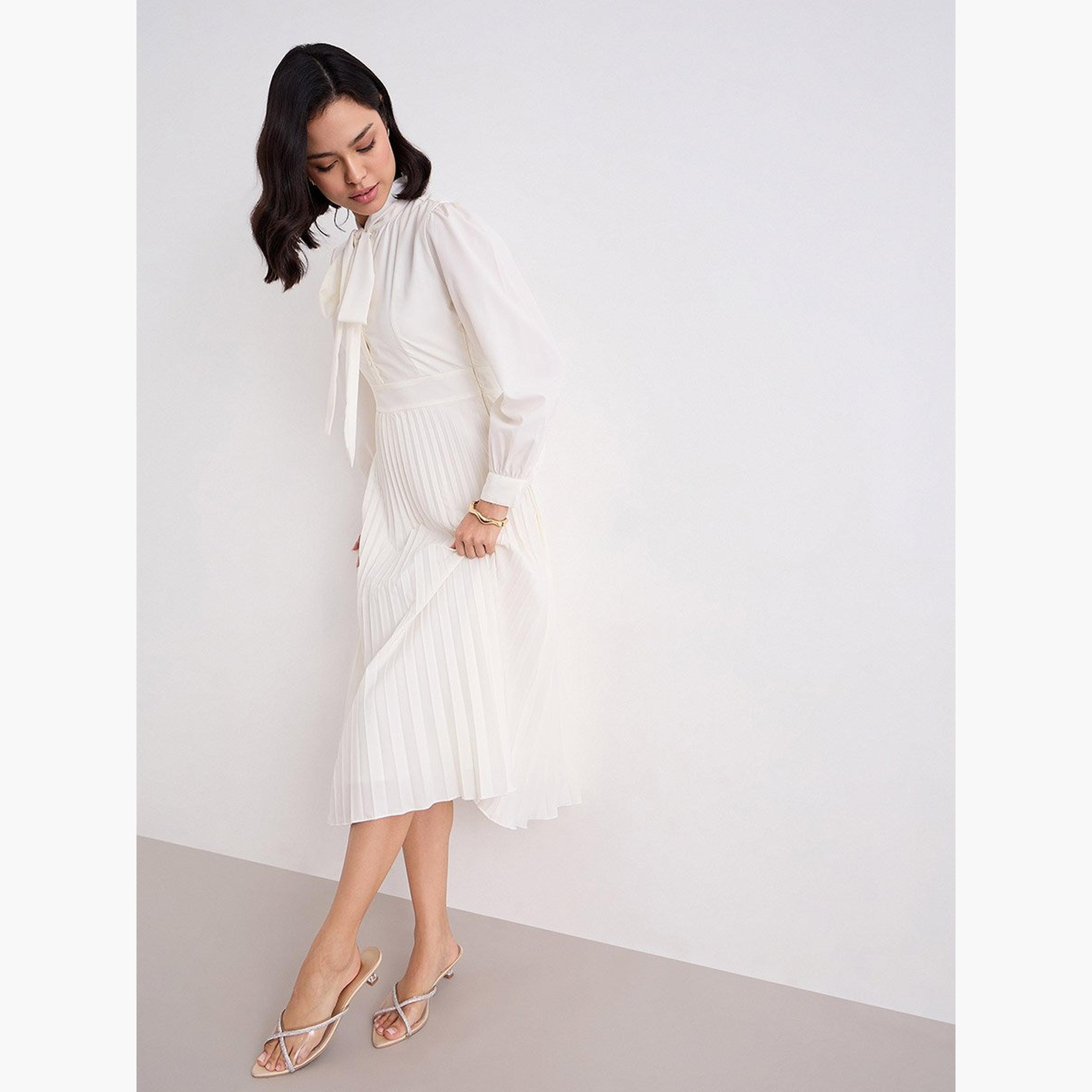 Styli Cream Pleated Midi Dress with Tie-Up Neck-women-clothing-dresses-image-6