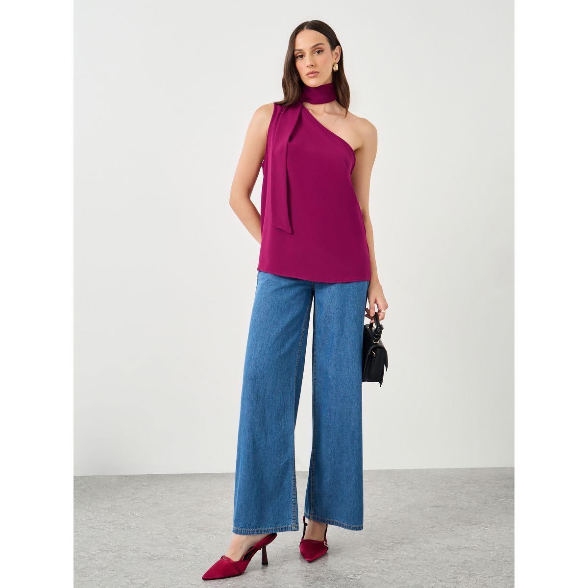 بلوزة بتفاصيل كتف واحد مع ياقة بربطة-women-clothing-shirtsandblouses-blouses-image-2