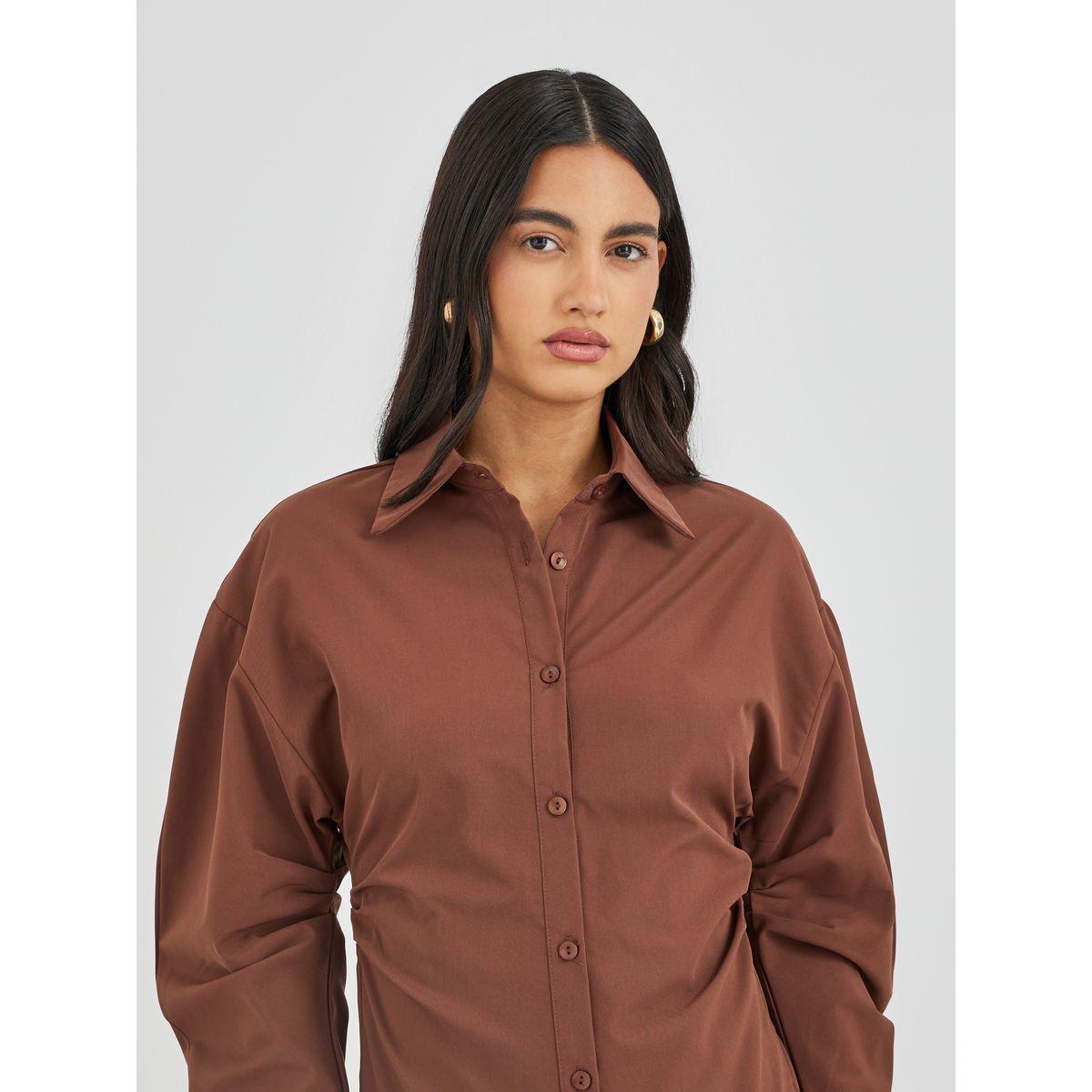 بلوزة سادة بخصر رفيع وتفاصيل مُجمعة-women-clothing-shirtsandblouses-shirts-image-3