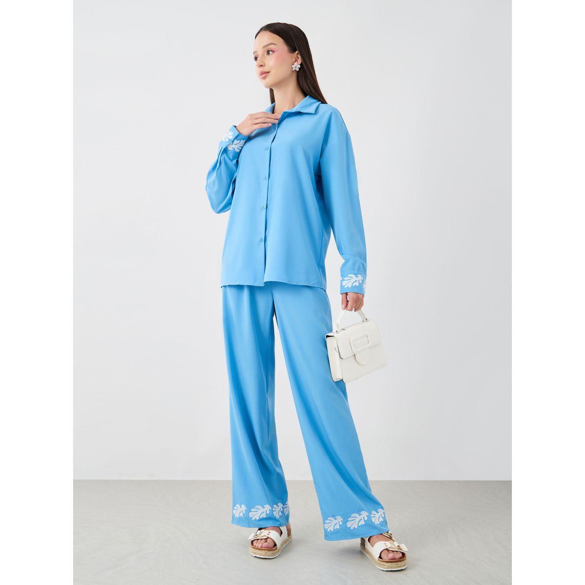 Styli Embroidered Spread Collar Shirt and Relaxed Fit Trousers Co-Ords-women-clothing-coordsets-image-1