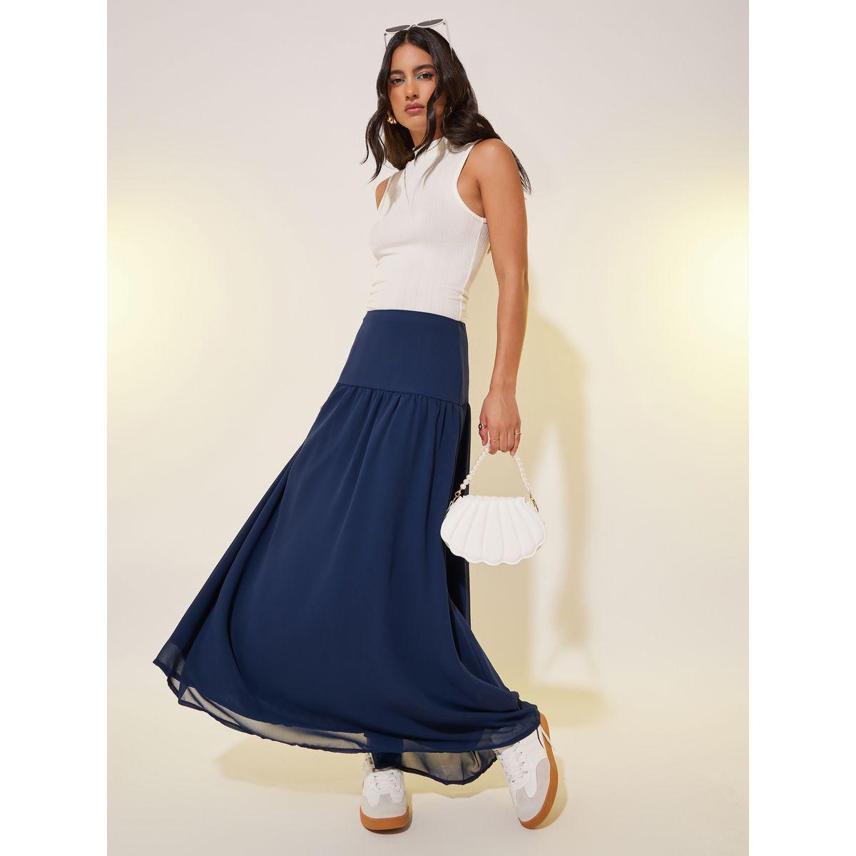 Styli Solid Gathered Detail A-Line Maxi Skirt-women-clothing-bottoms-skirts-image-1