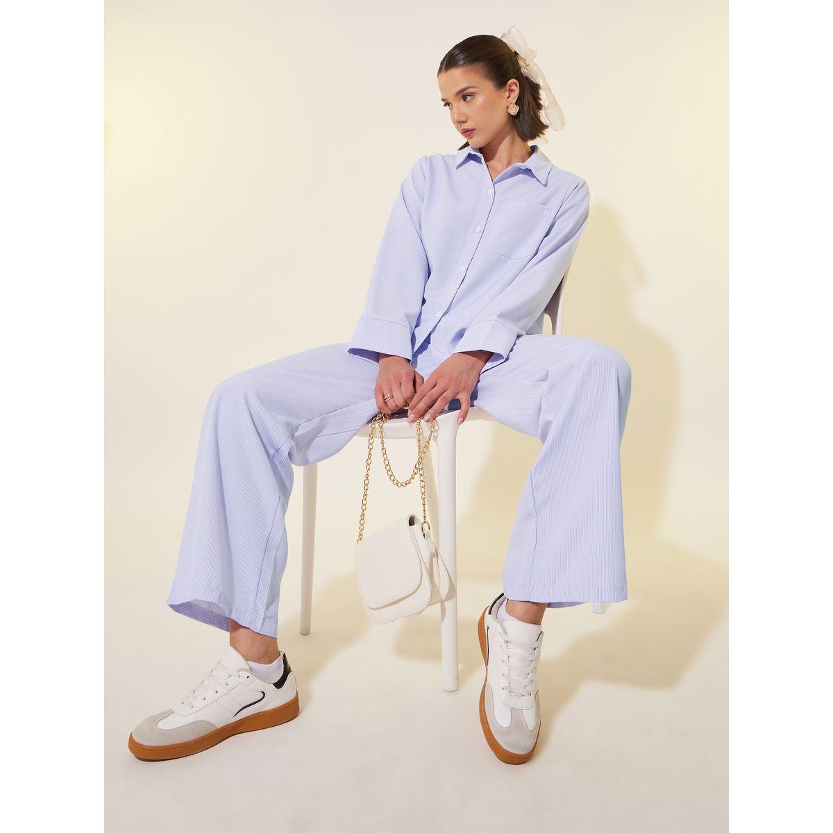 Styli Striped Long Sleeve Shirt and Pants Co-Ords-women-clothing-coordsets-image-1