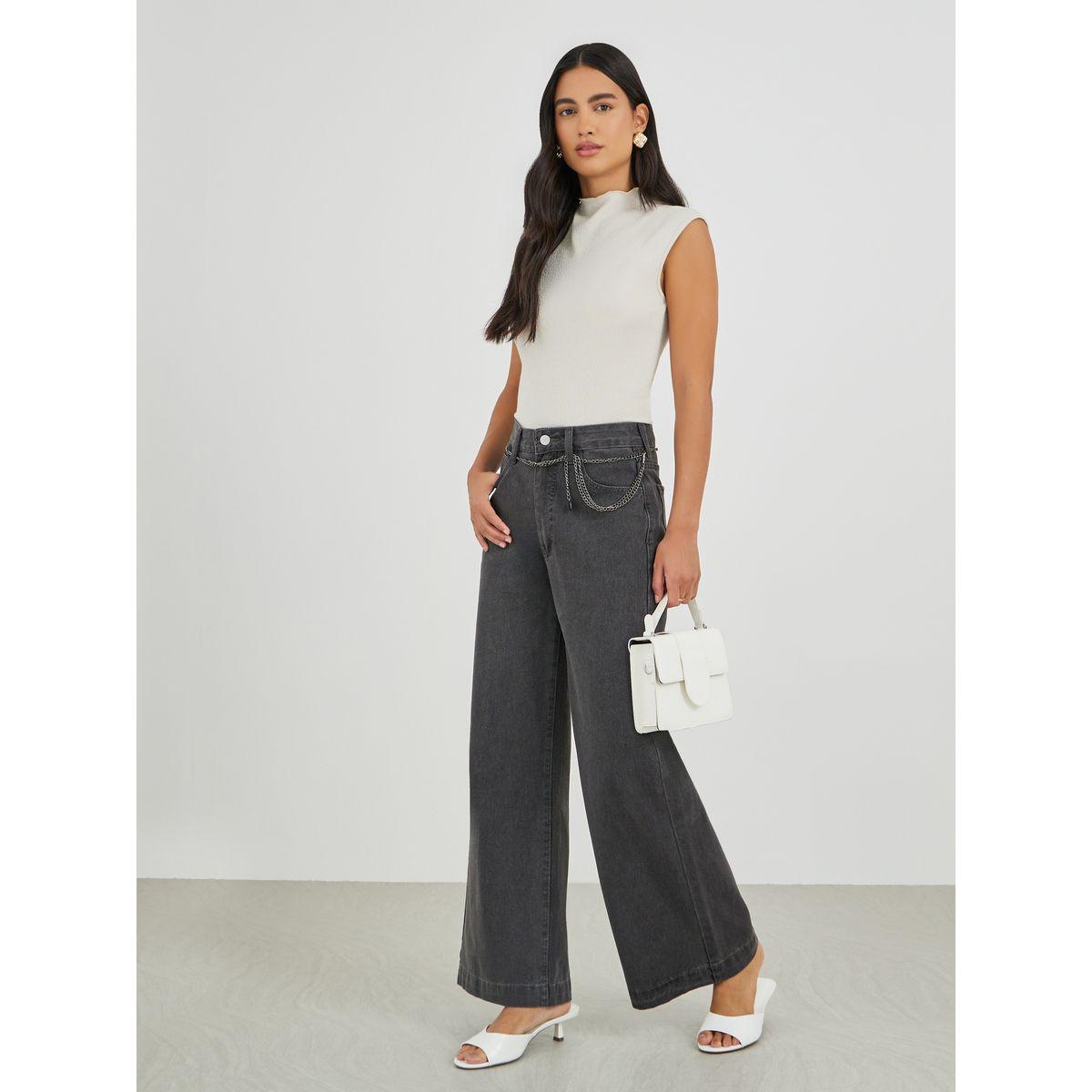 جينز سادة بأرجل واسعة مع حزام بنمط سلسلة-women-clothing-bottoms-jeans-image-1
