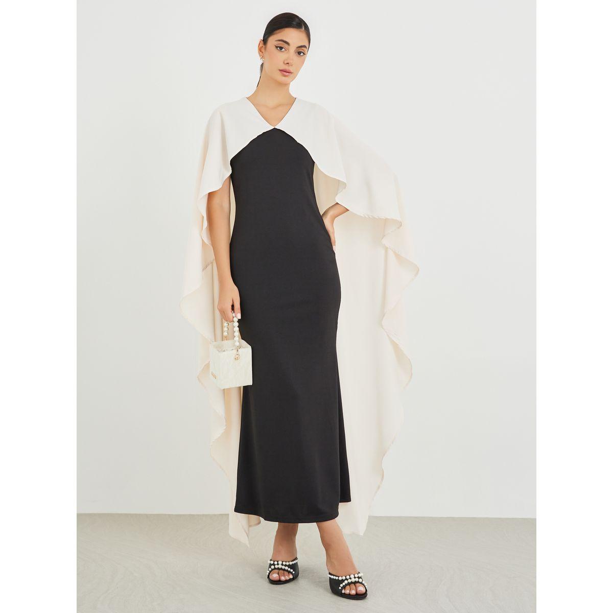 فستان طويل بنمط كتل الالوان وأكمام كيب-women-clothing-dresses-image-2