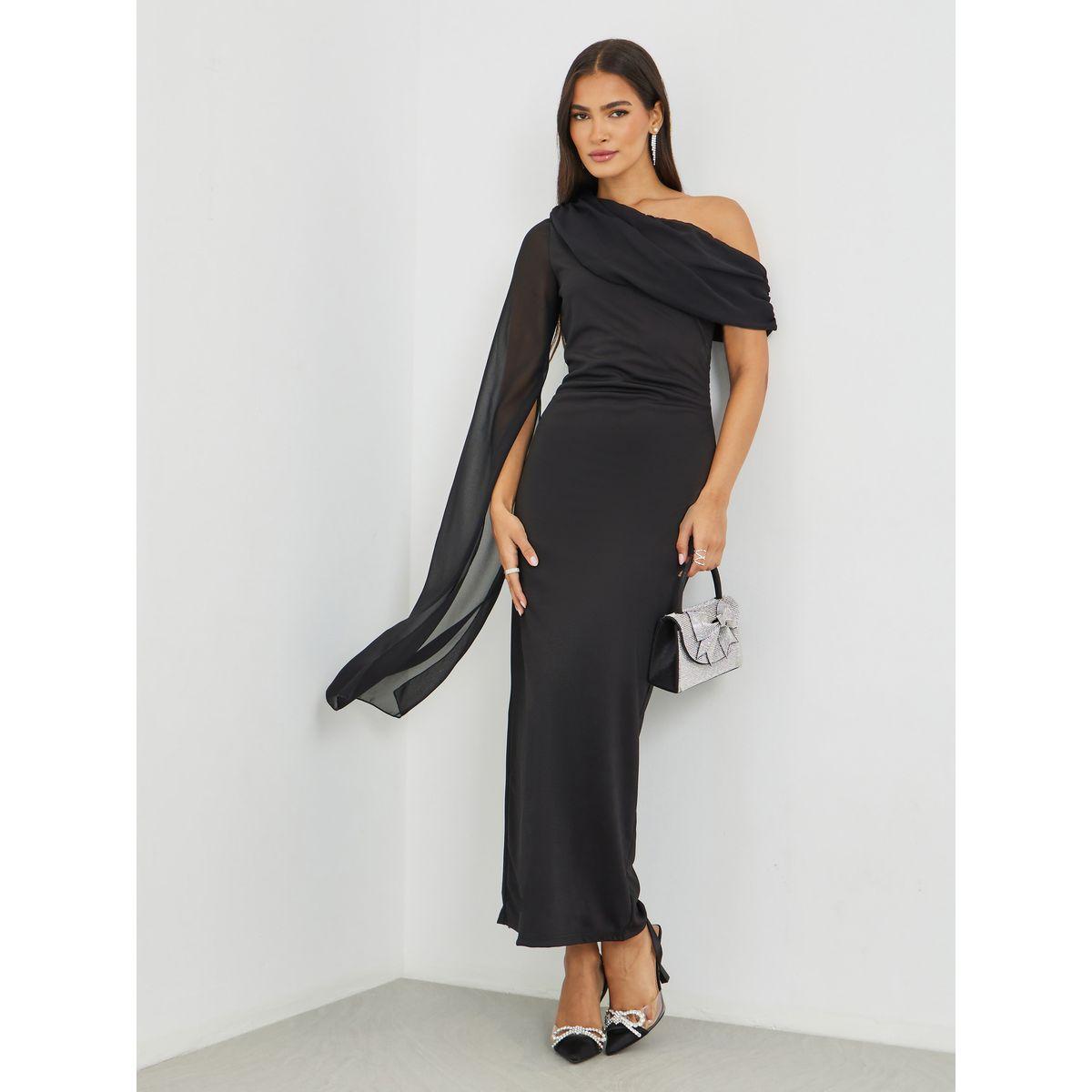 Styli Solid One Cape Sleeve Bodycon Maxi Dress-women-clothing-dresses-image-1
