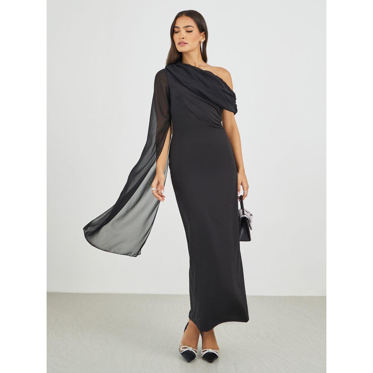 Styli Solid One Cape Sleeve Bodycon Maxi Dress-women-clothing-dresses-image-2