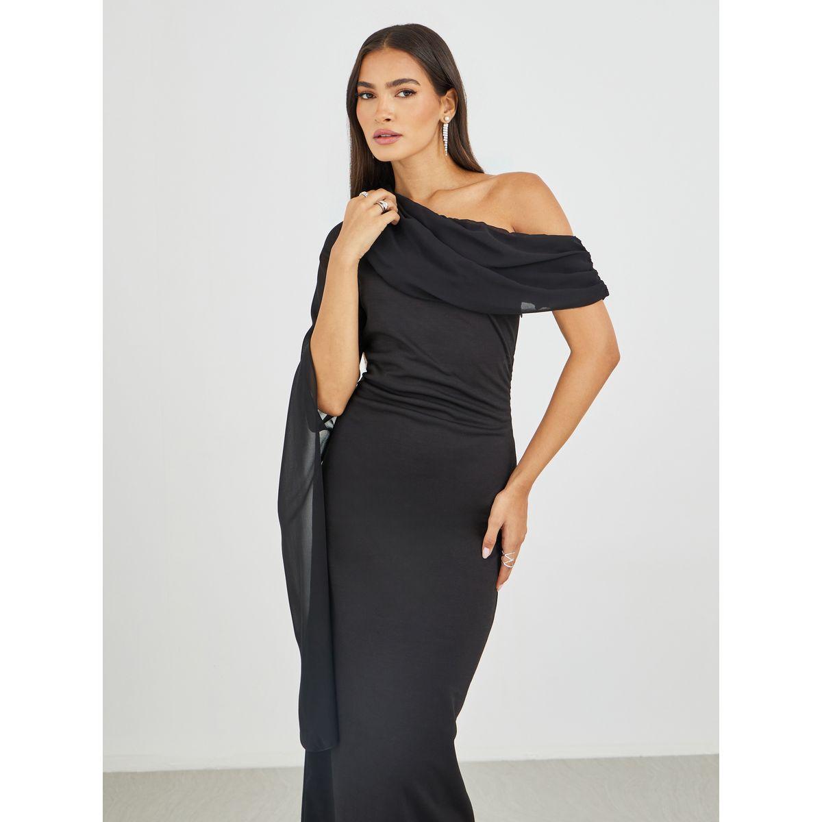 Styli Solid One Cape Sleeve Bodycon Maxi Dress-women-clothing-dresses-image-3