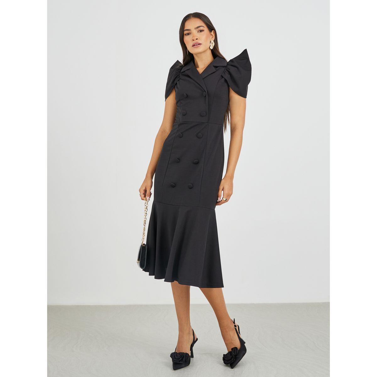 فستان ميدي سادة بحافة ميرميد وأكمام قصيرة-women-clothing-dresses-image-1