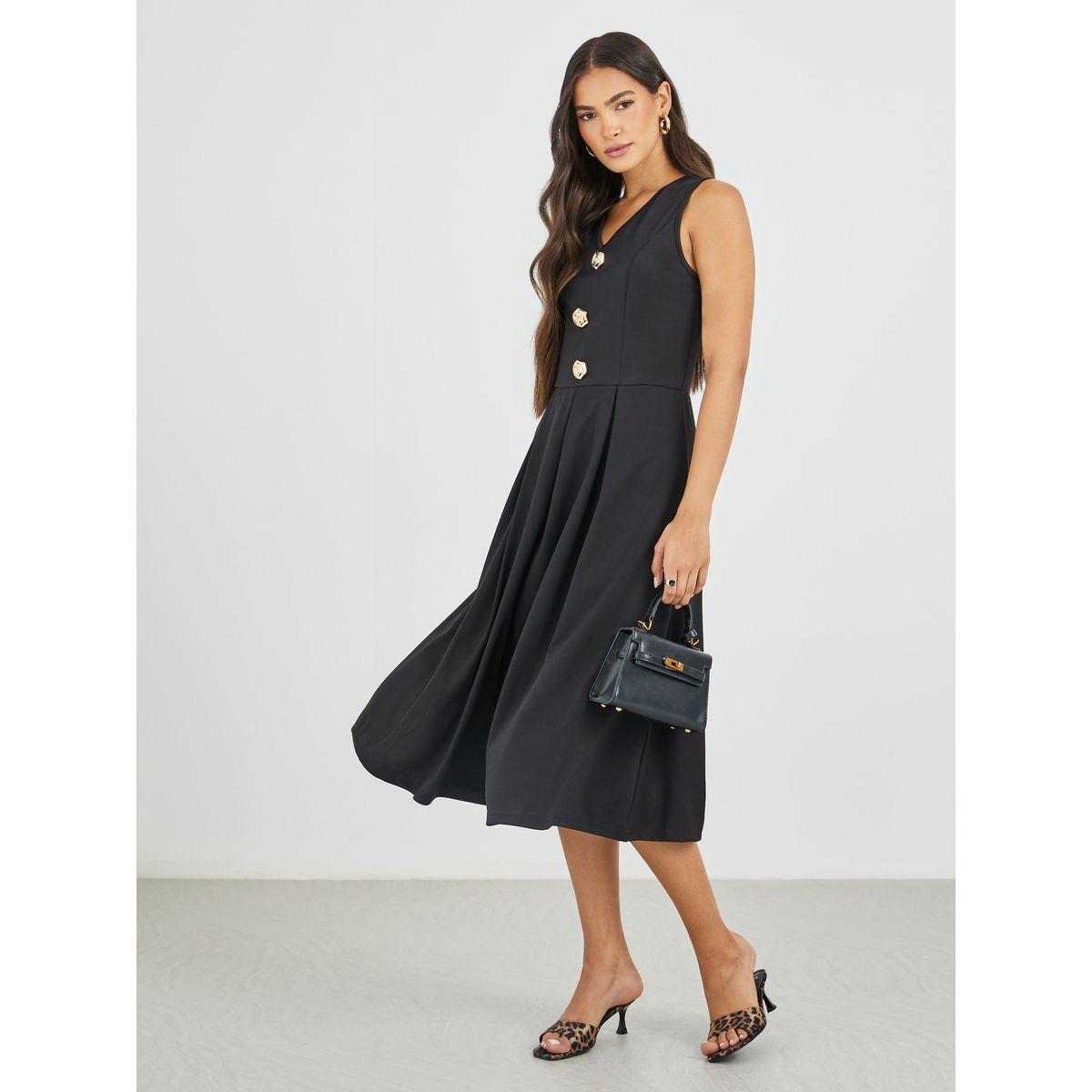 Styli Solid Sleeveless Buttoned A-Line Midi Dress-women-clothing-dresses-image-1