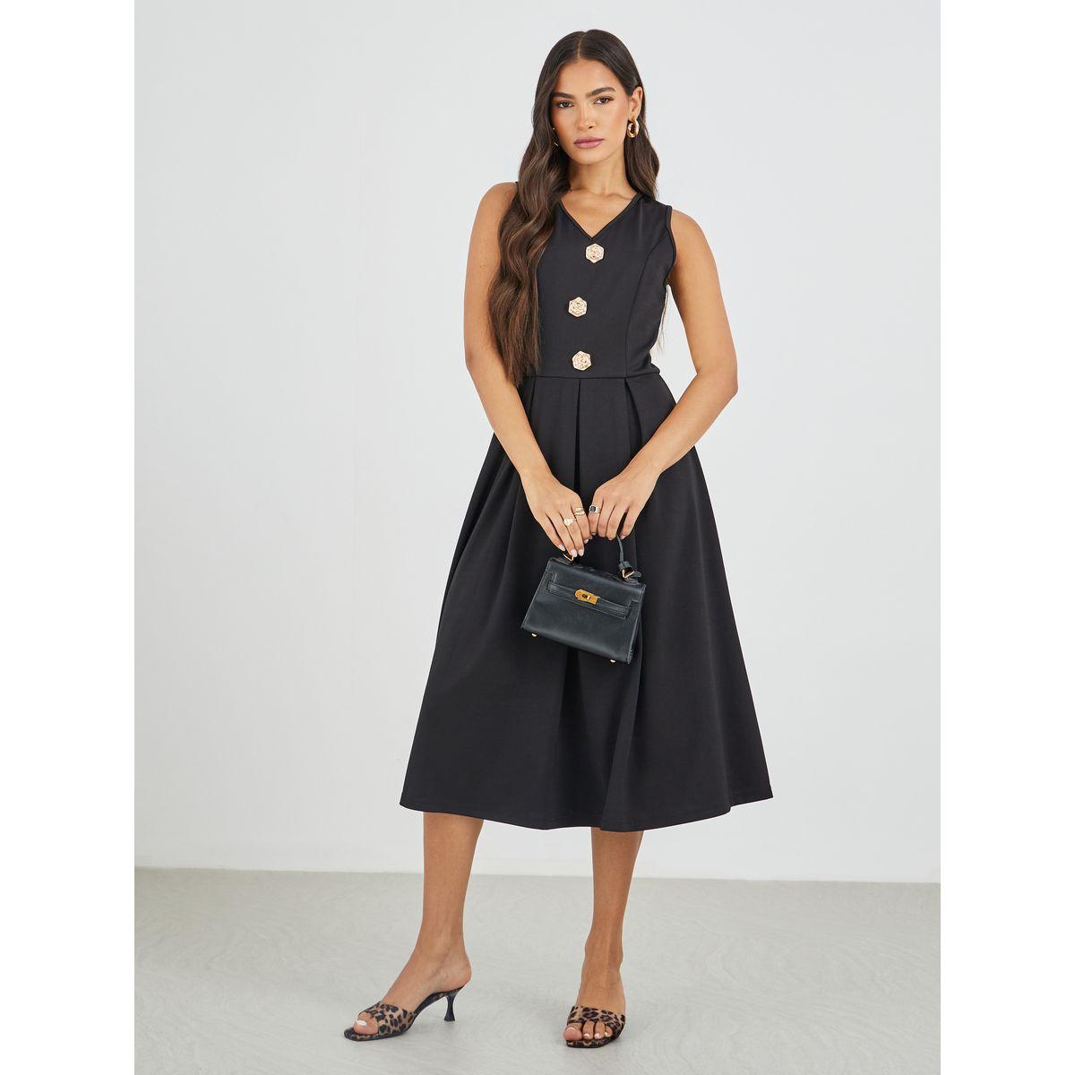 Styli Solid Sleeveless Buttoned A-Line Midi Dress-women-clothing-dresses-image-2
