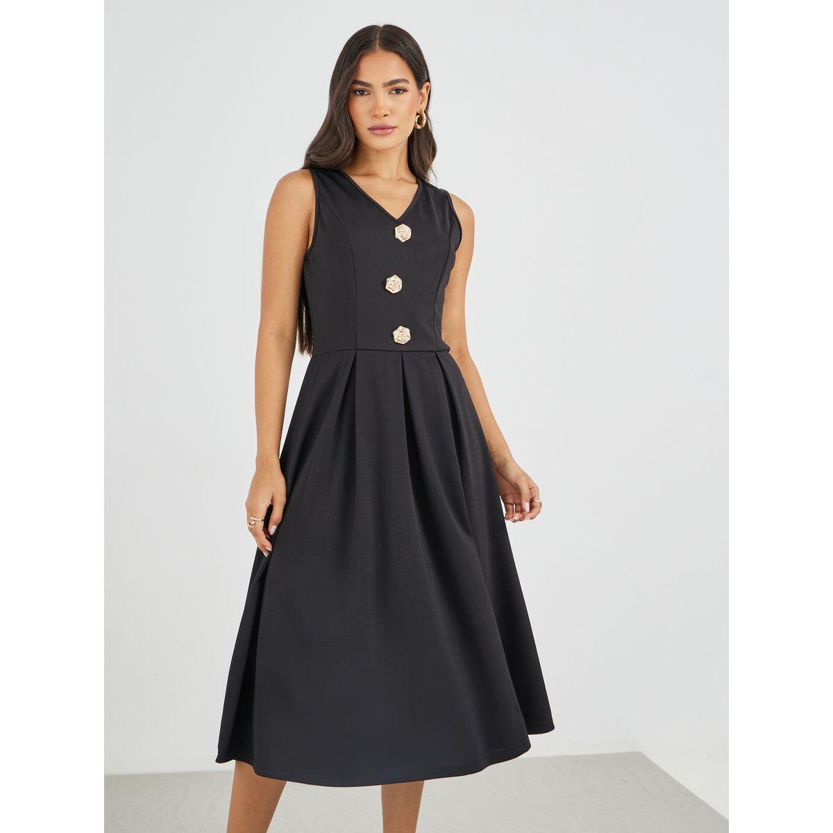 Styli Solid Sleeveless Buttoned A-Line Midi Dress-women-clothing-dresses-image-3