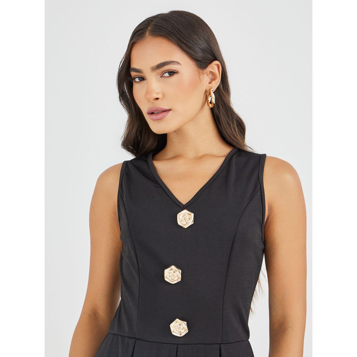 Styli Solid Sleeveless Buttoned A-Line Midi Dress-women-clothing-dresses-image-4