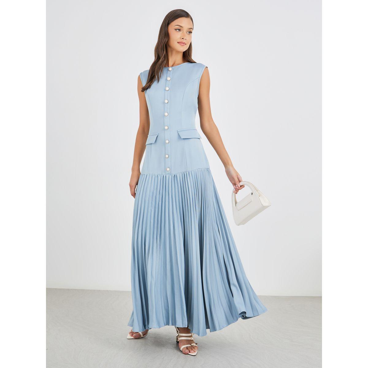 Styli Women Blue Solid Sleeveless Pleated A-Line Maxi Dress-women-clothing-dresses-image-1