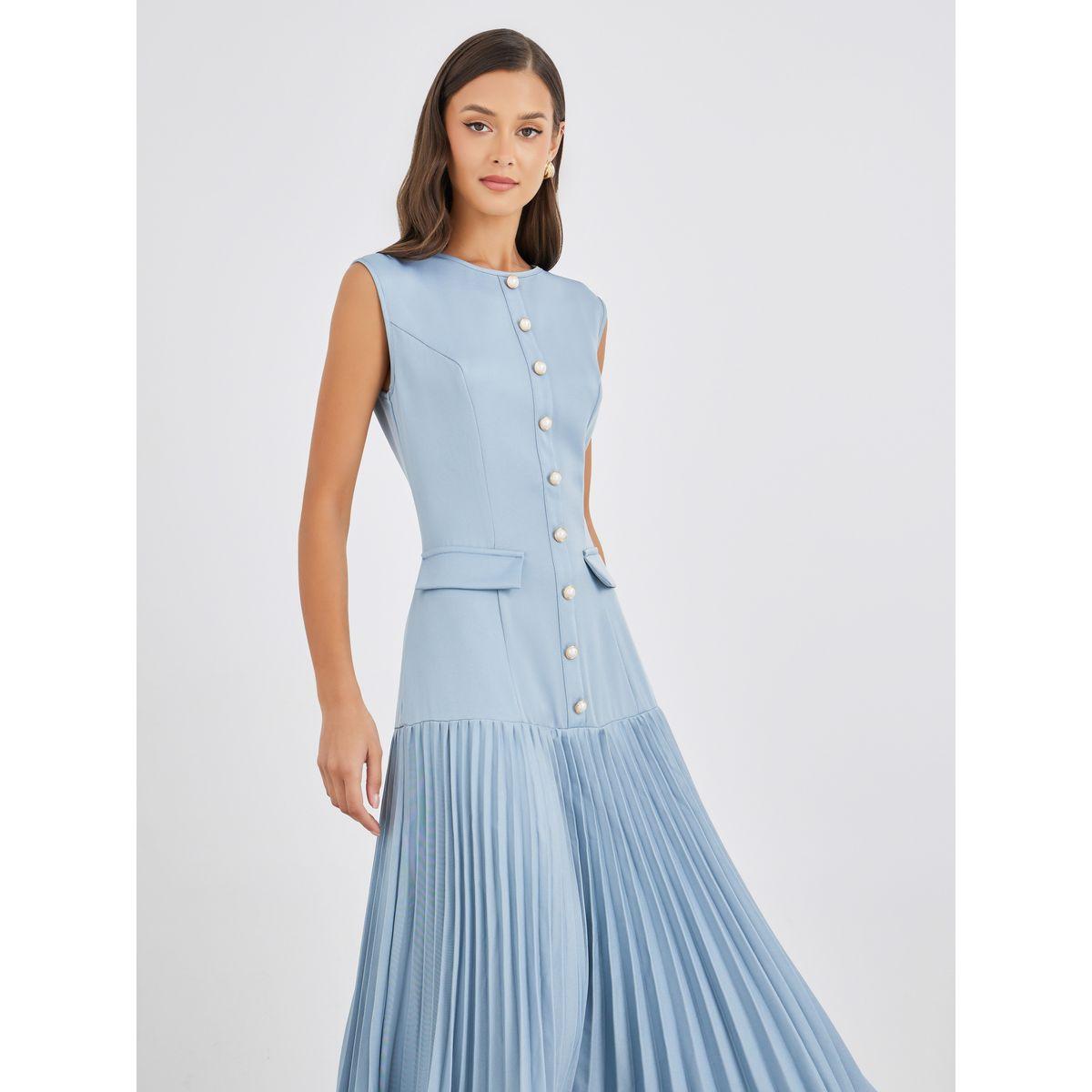 Styli Women Blue Solid Sleeveless Pleated A-Line Maxi Dress-women-clothing-dresses-image-2