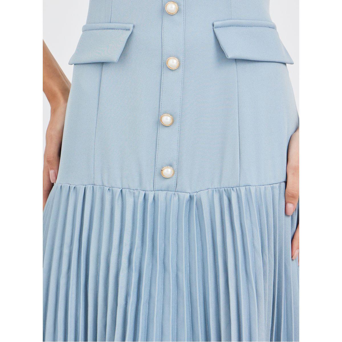 Styli Women Blue Solid Sleeveless Pleated A-Line Maxi Dress-women-clothing-dresses-image-3