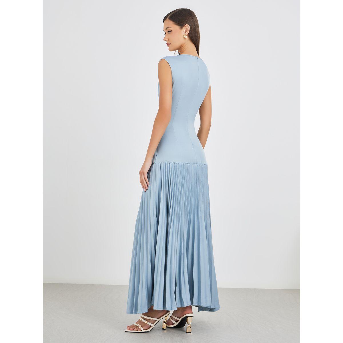 Styli Women Blue Solid Sleeveless Pleated A-Line Maxi Dress-women-clothing-dresses-image-4