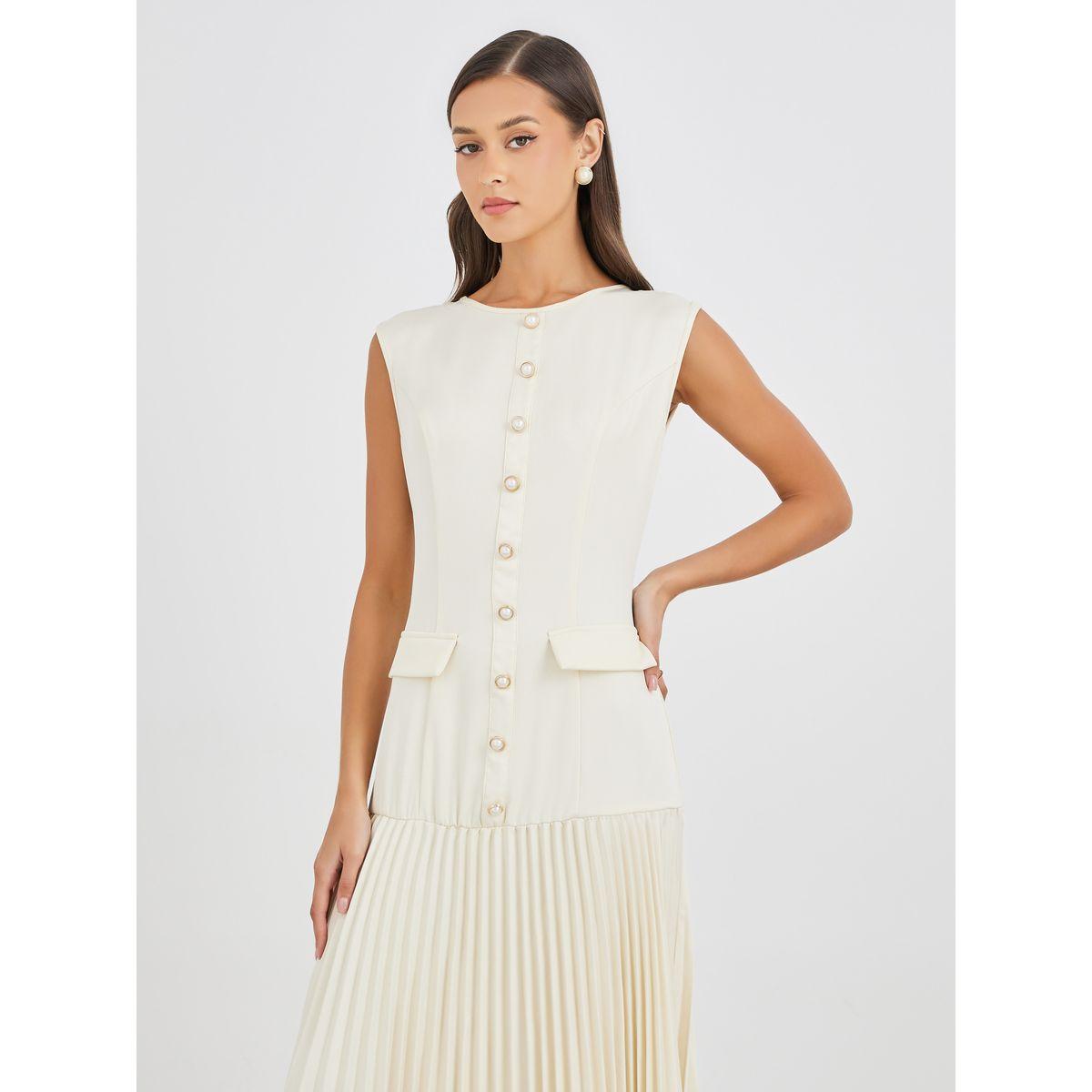 فستان طويل سادة بدون أكمام وتفاصيل كسرات-women-clothing-dresses-image-3