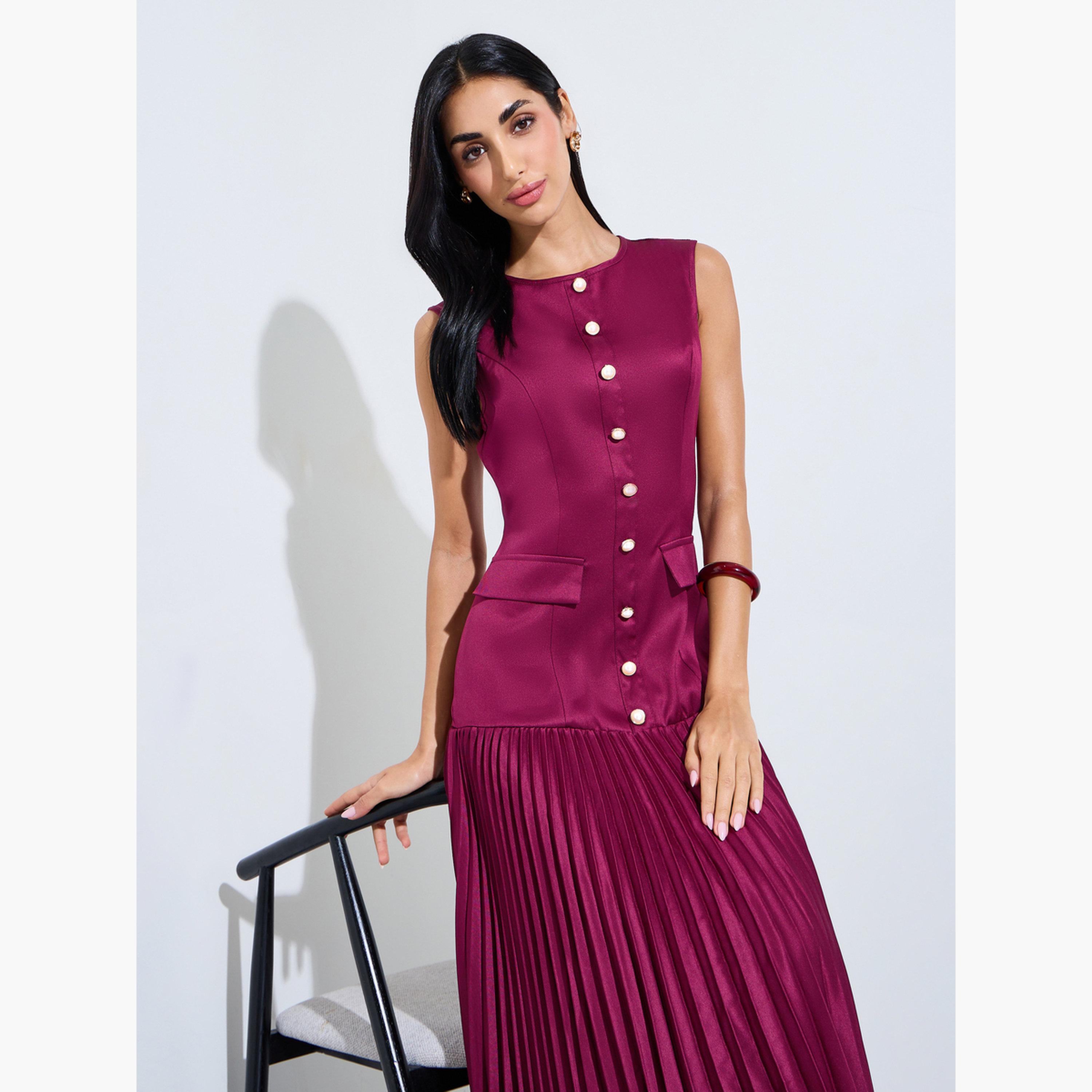 فستان طويل بحافة واسعة وبكسرات بلا أكمام-women-clothing-dresses-image-2
