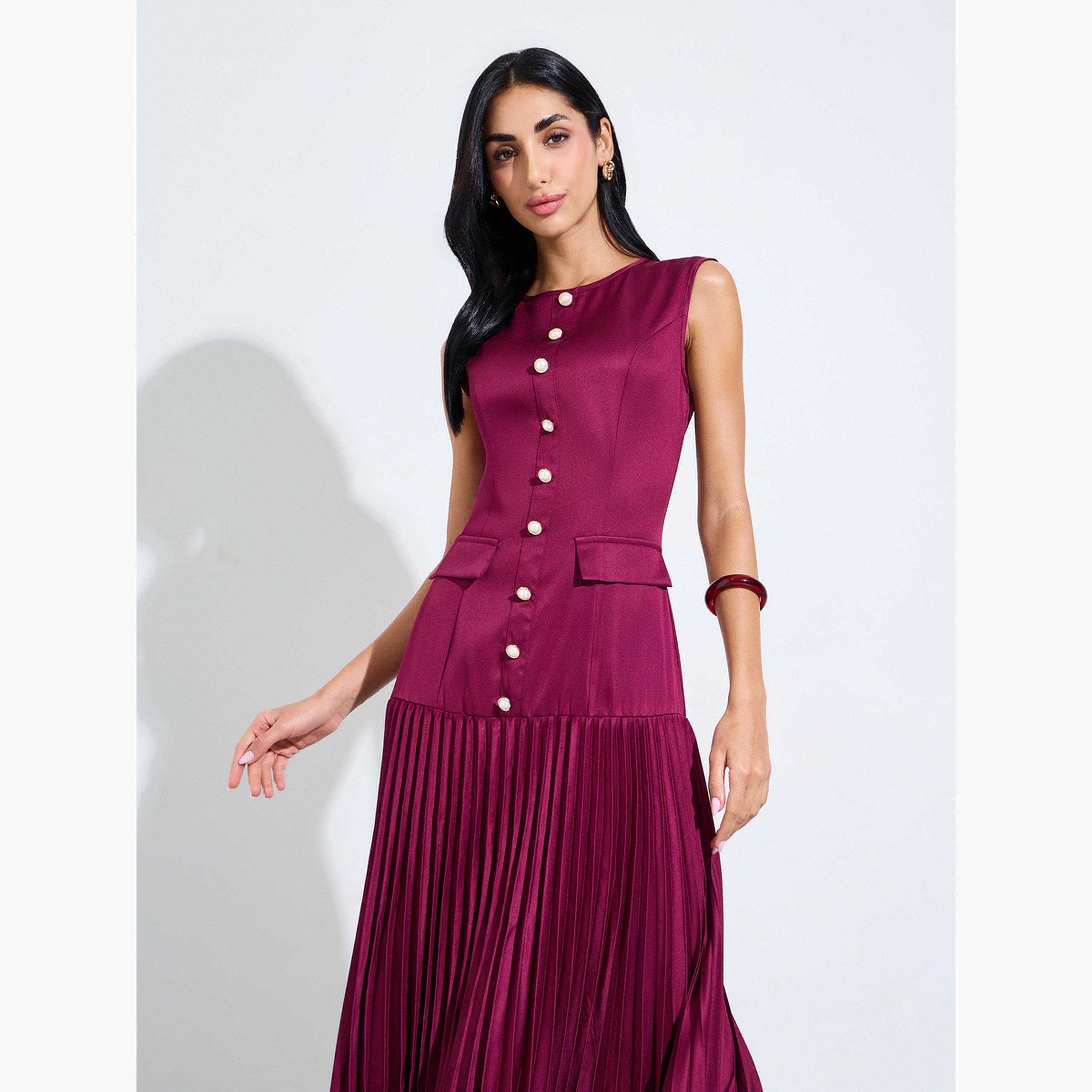 فستان طويل بحافة واسعة وبكسرات بلا أكمام-women-clothing-dresses-image-3