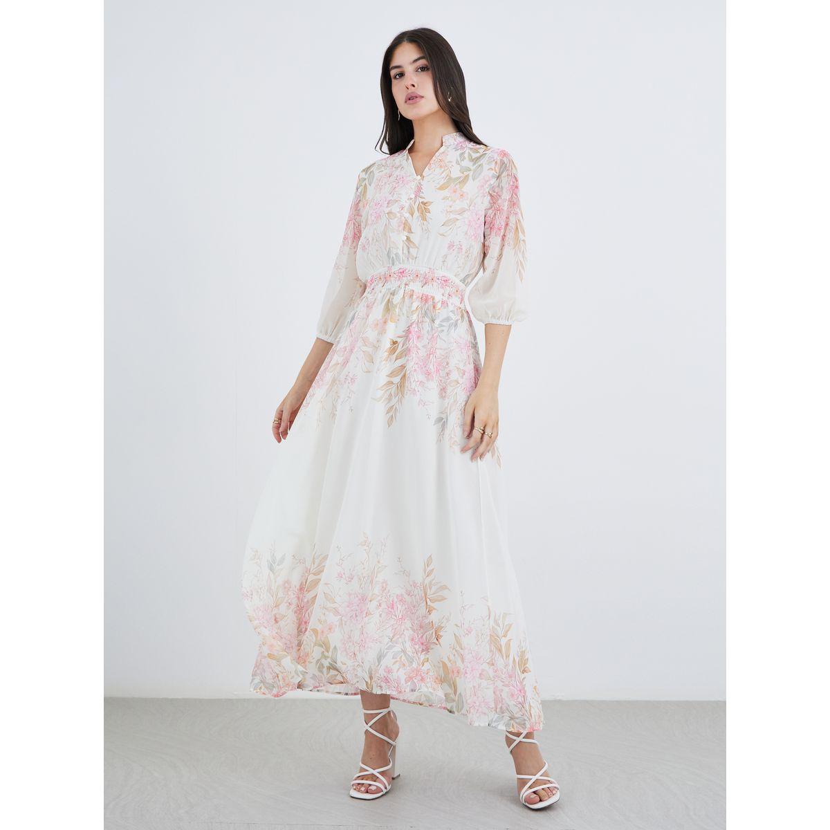 فستان طويل بطبعة زهور وأكمام بأساور-women-clothing-dresses-image-1