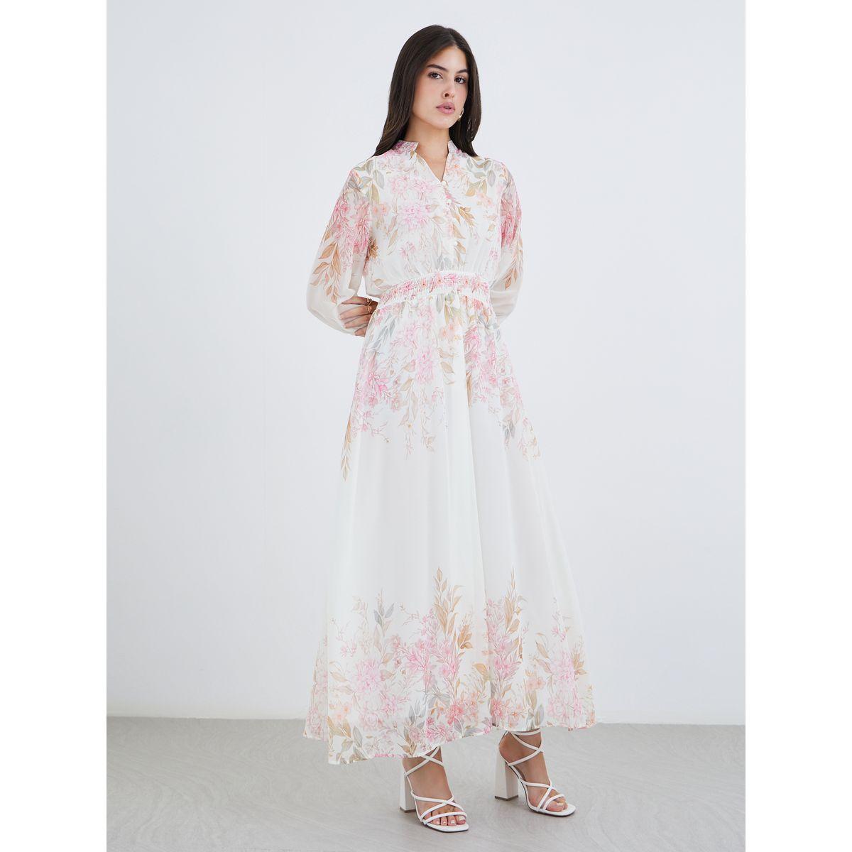 فستان طويل بطبعة زهور وأكمام بأساور-women-clothing-dresses-image-2