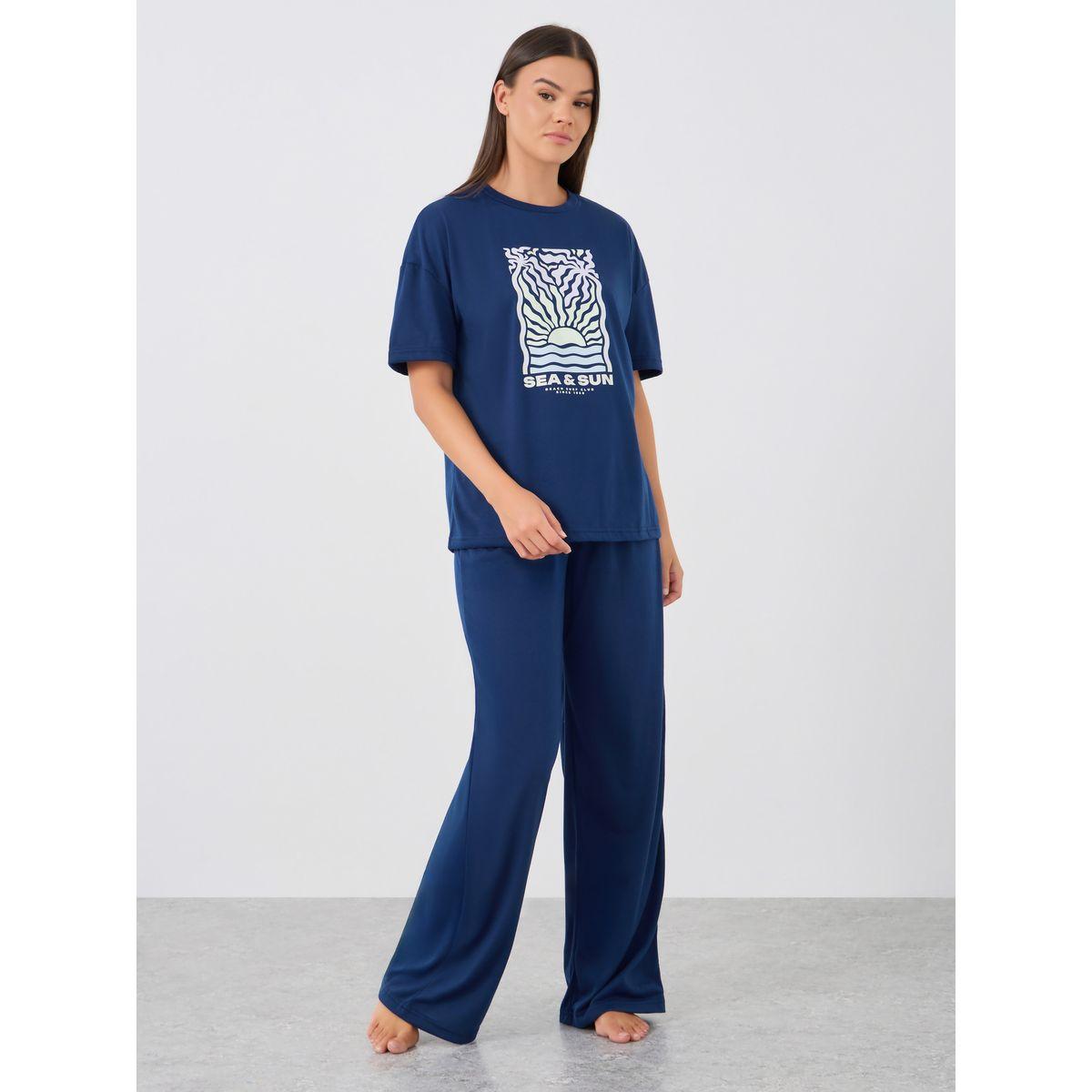 Styli Graphic Print Round Neck T-Shirt and Pyjama Set-women-clothing-nightwear-pyjamas-longsets-image-1