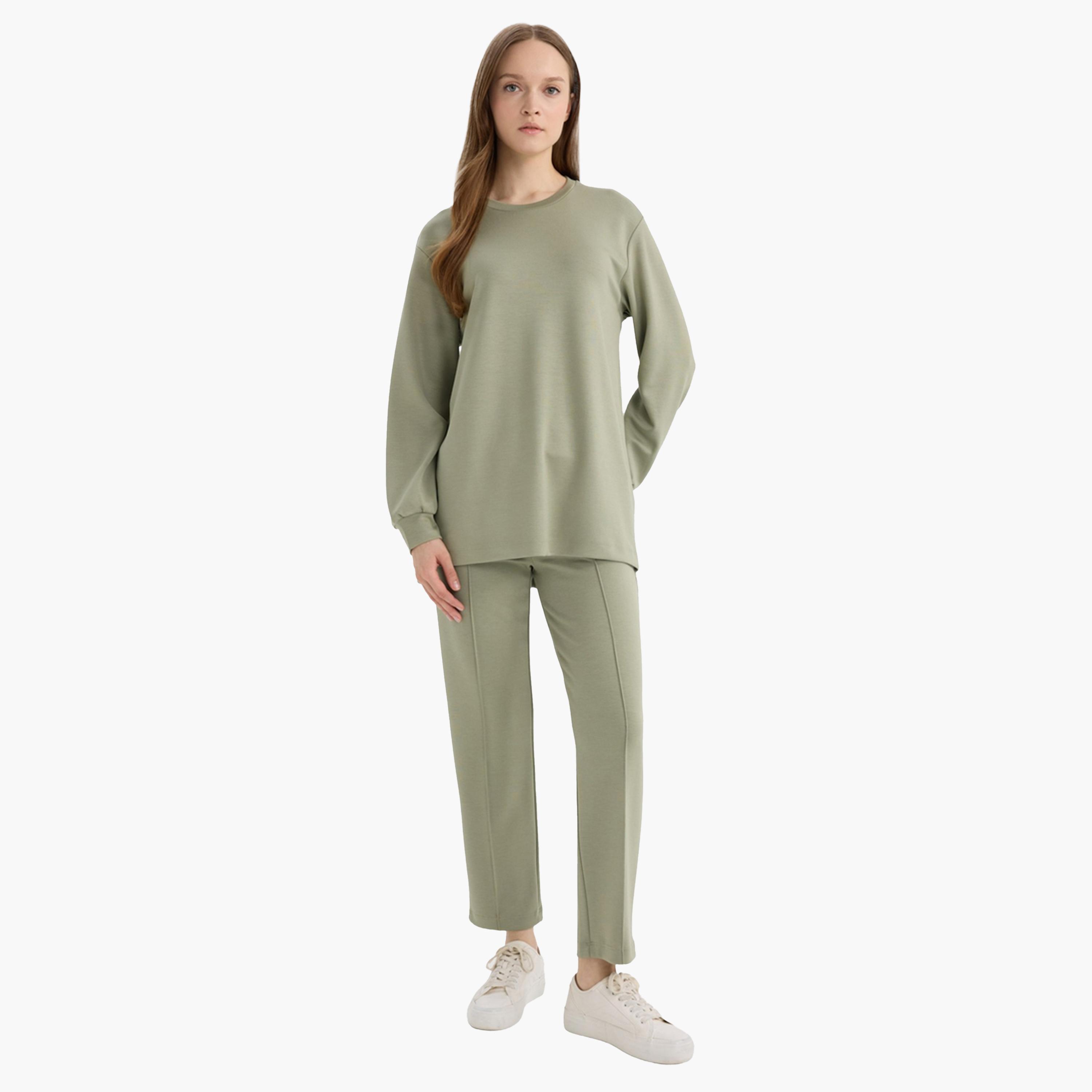 ديفاكتو × ستايلي - بنطال مرن بقصّة عادية - زيتي-women-clothing-bottoms-trousers-image-2