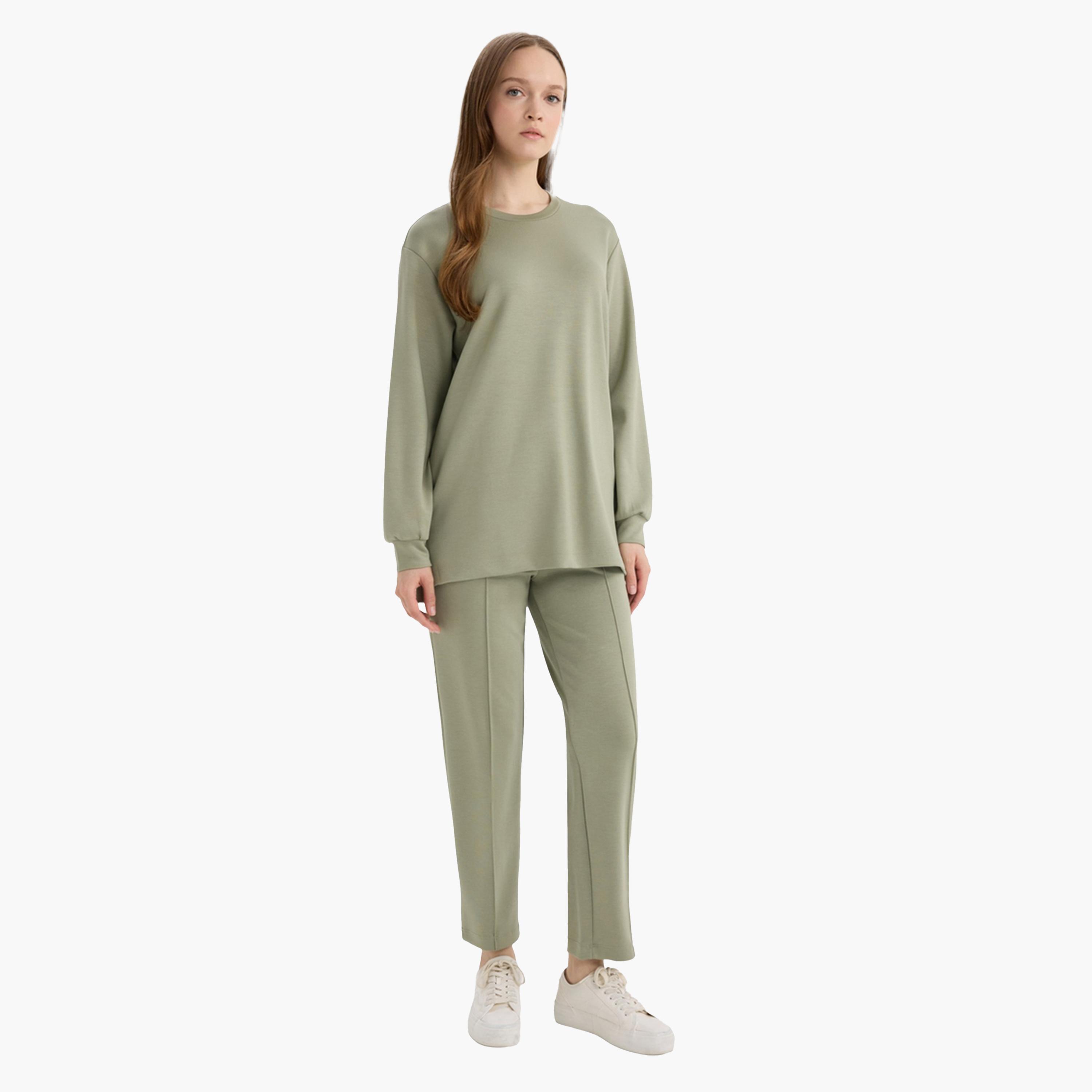 ديفاكتو × ستايلي - بنطال مرن بقصّة عادية - زيتي-women-clothing-bottoms-trousers-image-3
