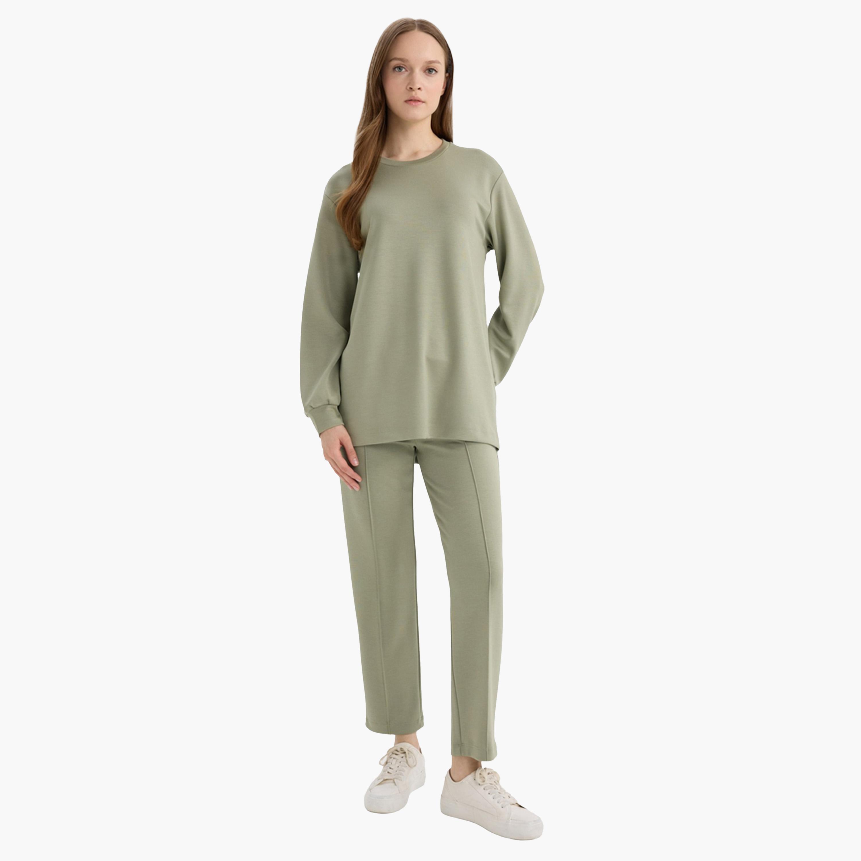 ديفاكتو × ستايلي - بنطال مرن بقصّة عادية - زيتي-women-clothing-bottoms-trousers-image-4