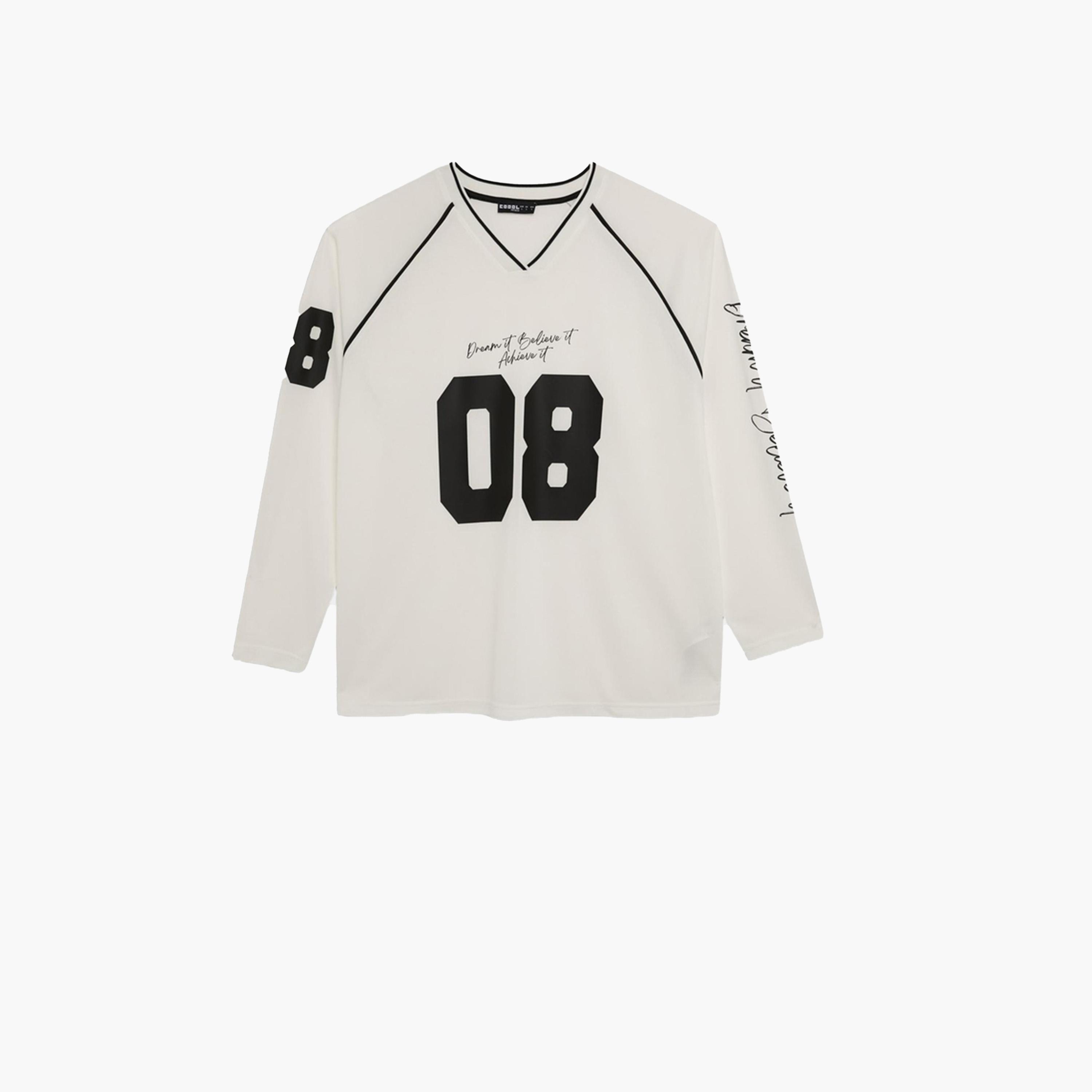 ديفاكتو × ستايلي - تي شيرت نسائي مطبوع بأكمام طويلة ورقبة V - أوف وايت-women-clothing-tshirts-image-6