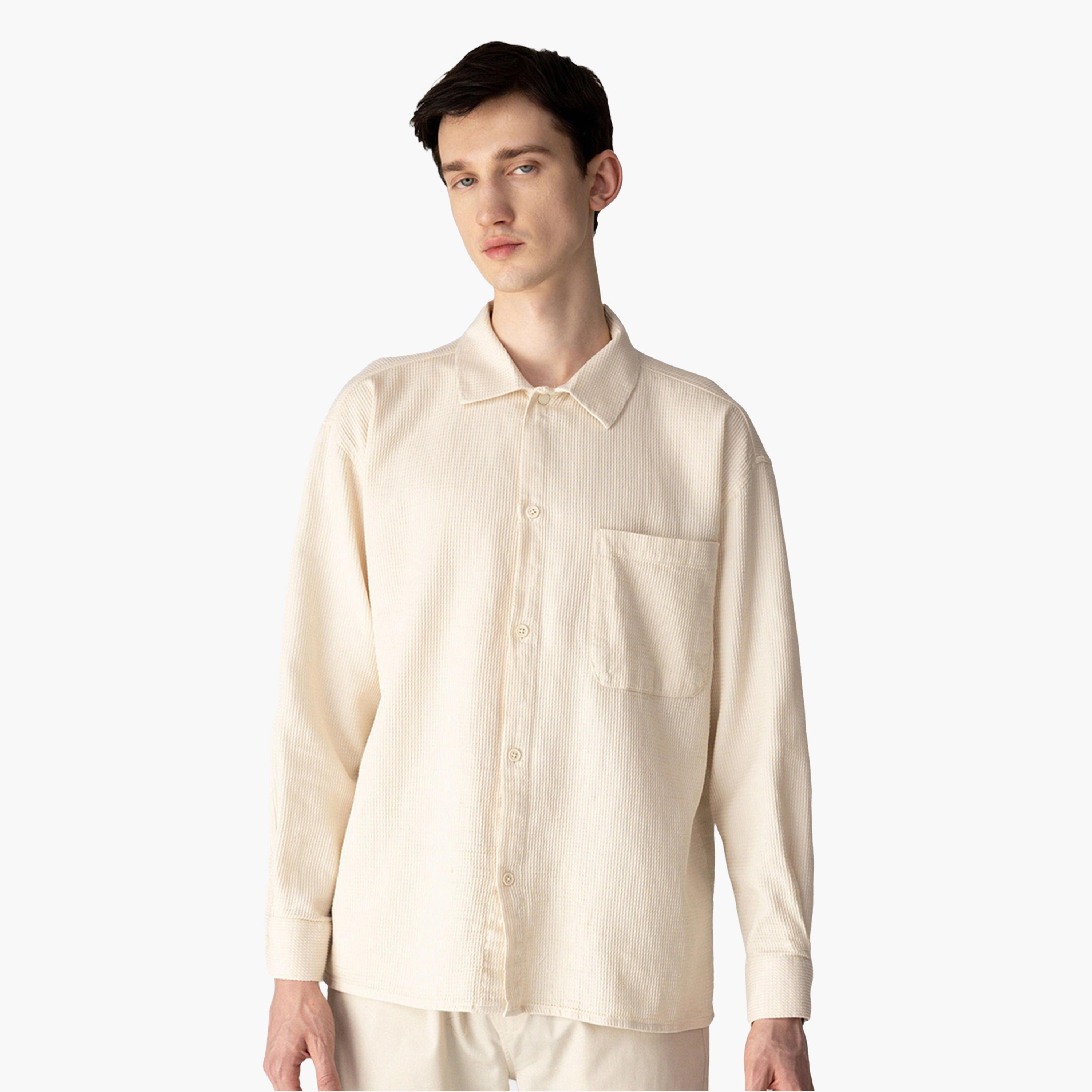 DeFacto X Styli Mens Cream Button-Down Plain Long Sleeve Shirt-men-clothing-shirts-image-1
