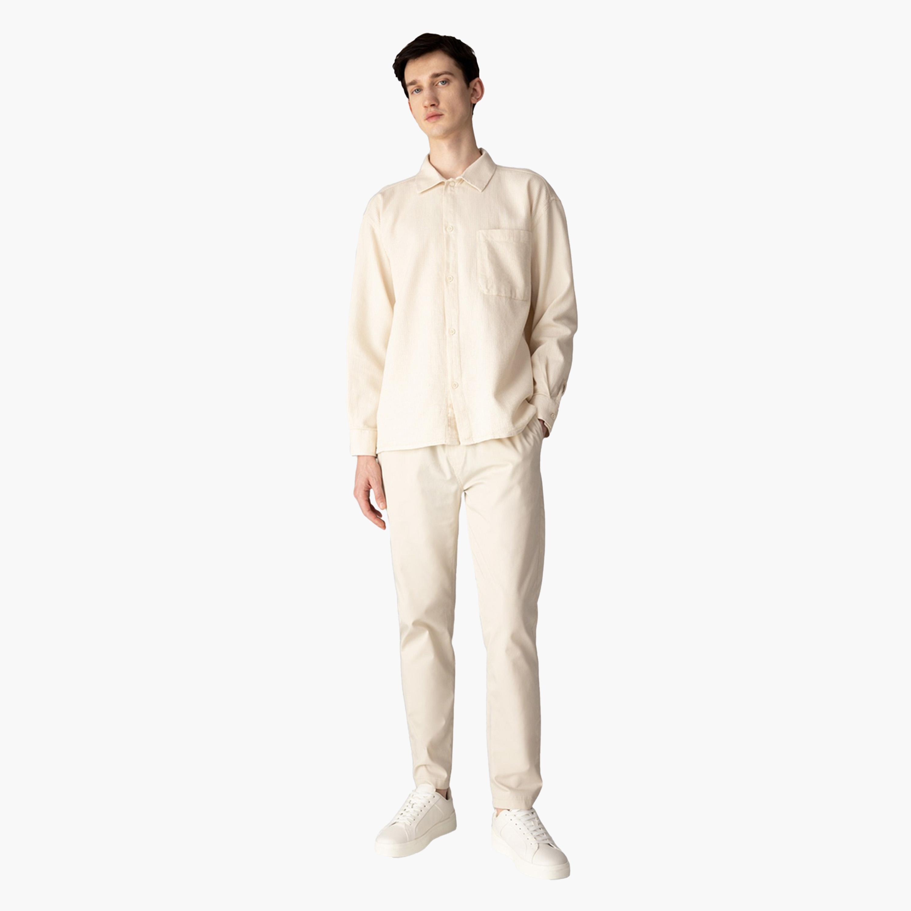 DeFacto X Styli Mens Cream Button-Down Plain Long Sleeve Shirt-men-clothing-shirts-image-2